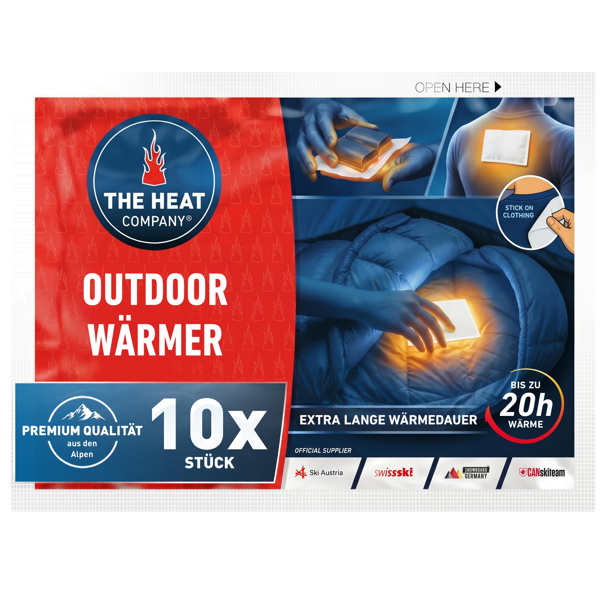 THE HEAT COMPANY Outdoor Wärmer - 20 Stunden extra Lange Wärme - EXTRA WARM | 10 Stück, 100% natürlich, sofort einsatzbereit, Körperwärmer, Wärmepad für Akkus, Camping, Outdoor, luftaktiviert, klebend