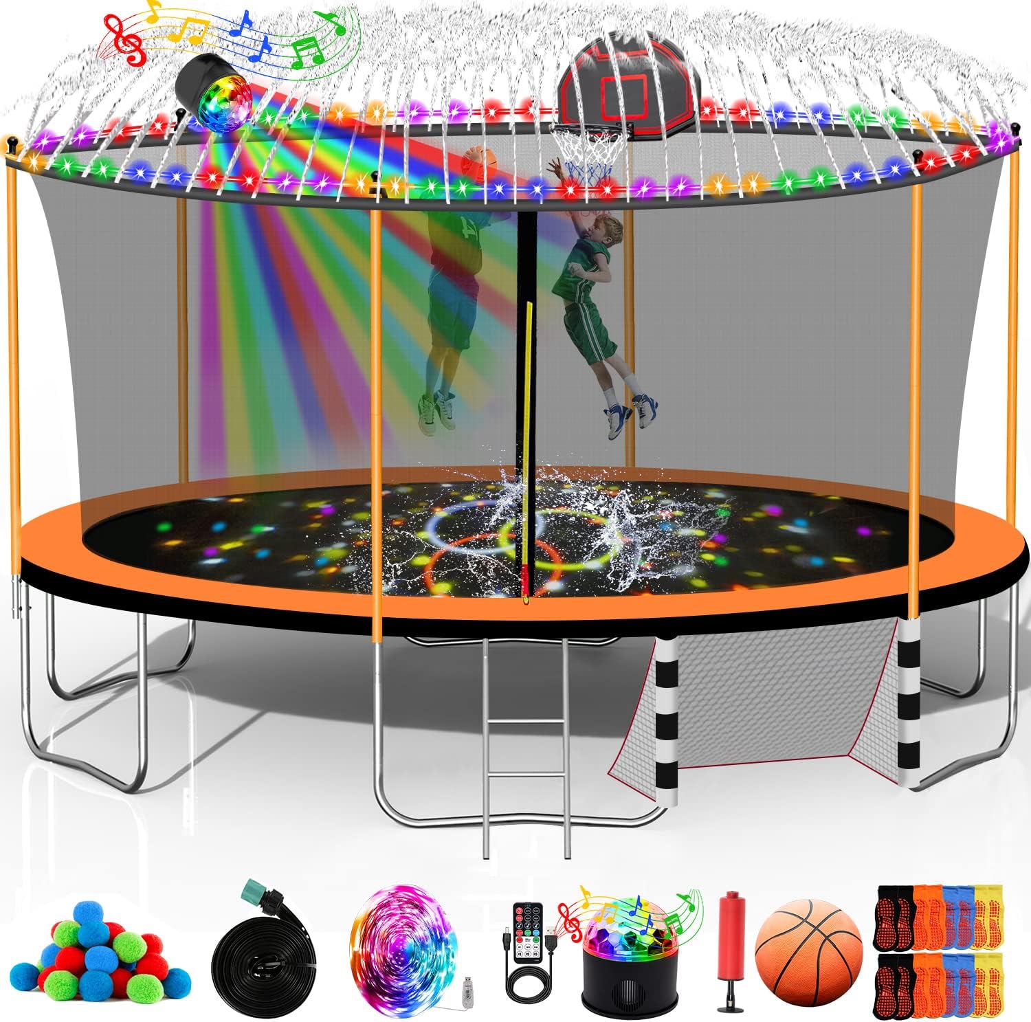 Goujxcy 1500 LBS 8FT 12FT 14FT 16FT Trampoline for Kids and Adults, Outdoor Trampoline with Enclosure Net, Sprinkler, Water Ball, Large Trampoline with Lights with Music Speaker, Socks - ASTM Approved
