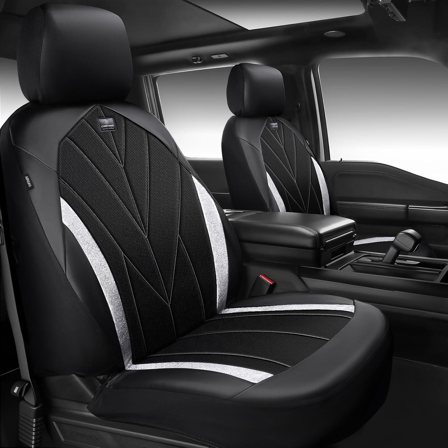 CAR PASS Memory Foam seat Covers Leather, Air Cool Mesh car seat Covers Front Seats 2, Universal FIT for Cars,SUV,Trucks, Comfortable-Durable-Breathable Airbag Compatible, Bling Silver Glitter