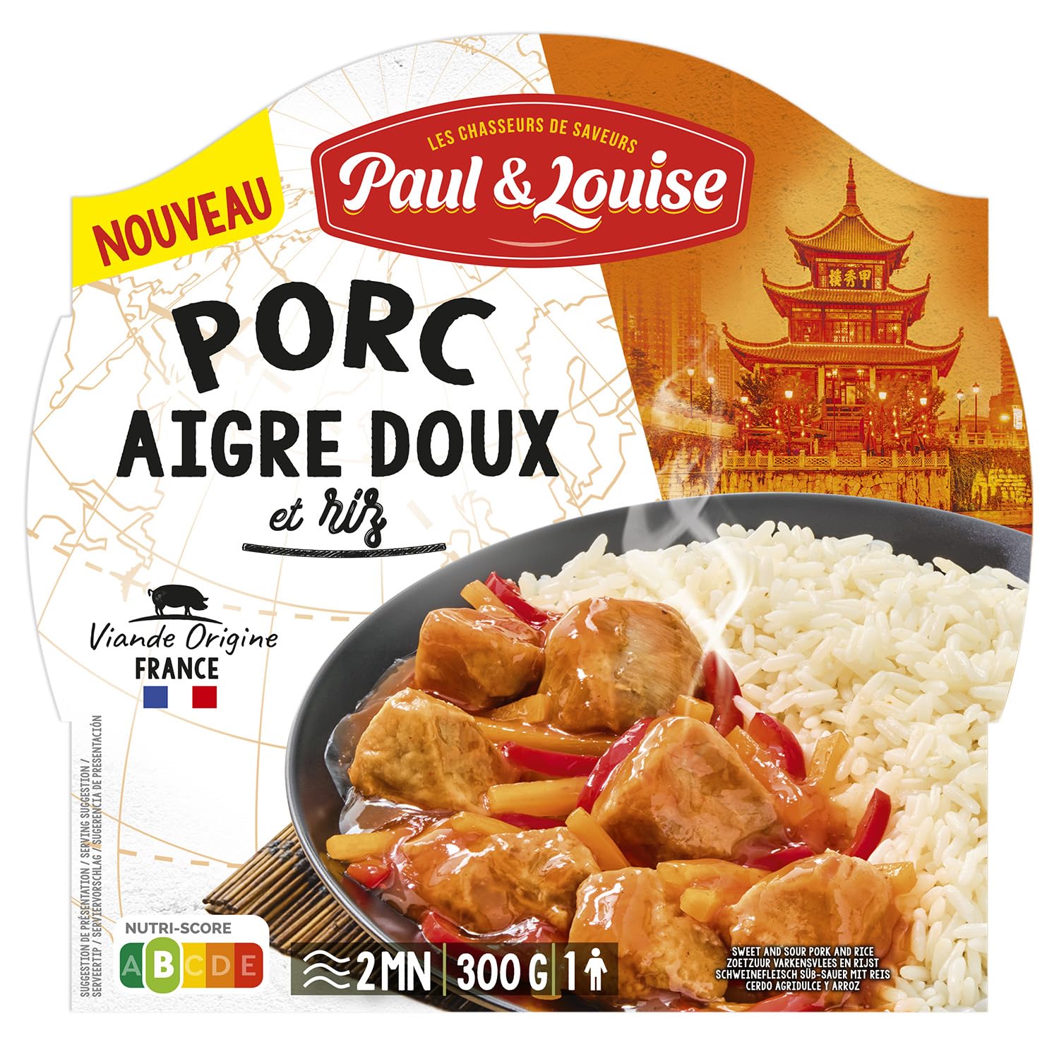 Paul & Louise Porc Aigre-Doux & Riz 300g – Plat Cuisiné Saveurs Asiatiques – Repas Prêt à Déguster – Barquette Micro-Ondable – Longue Conservation - Rayon Epicerie