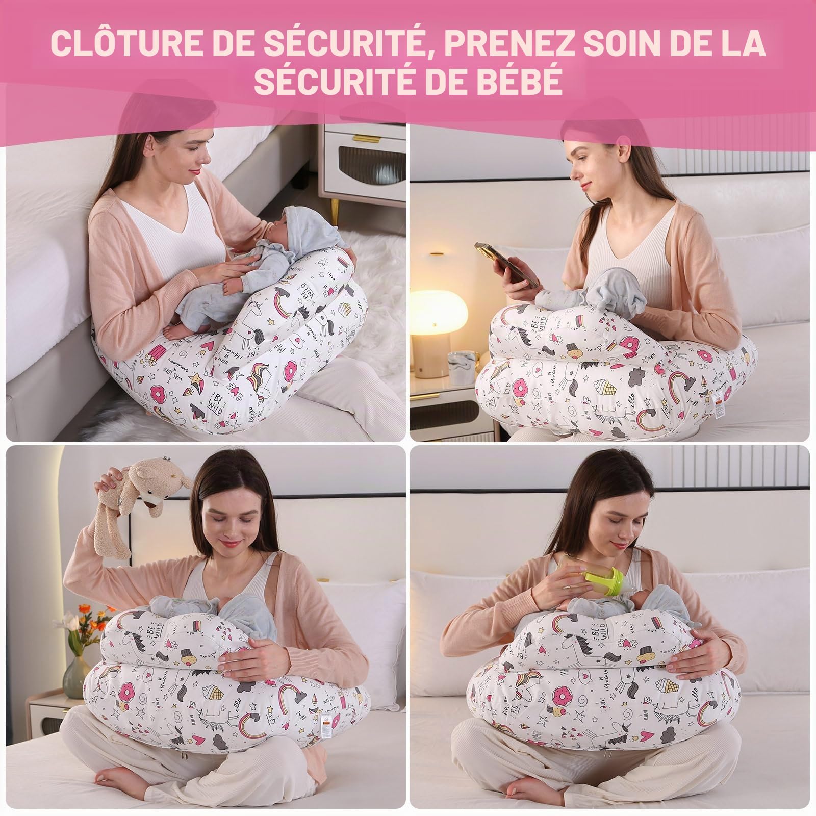 Coussin d'Allaitement pour Bébé : Coussin de Grossesse avec Ceinture de Taille Ajustable, Coussin d'Allaitement pour Bébé, Doux et Confortable, Lavable pour les Nouveaux-Nés (Donut Arc-en-Ciel)