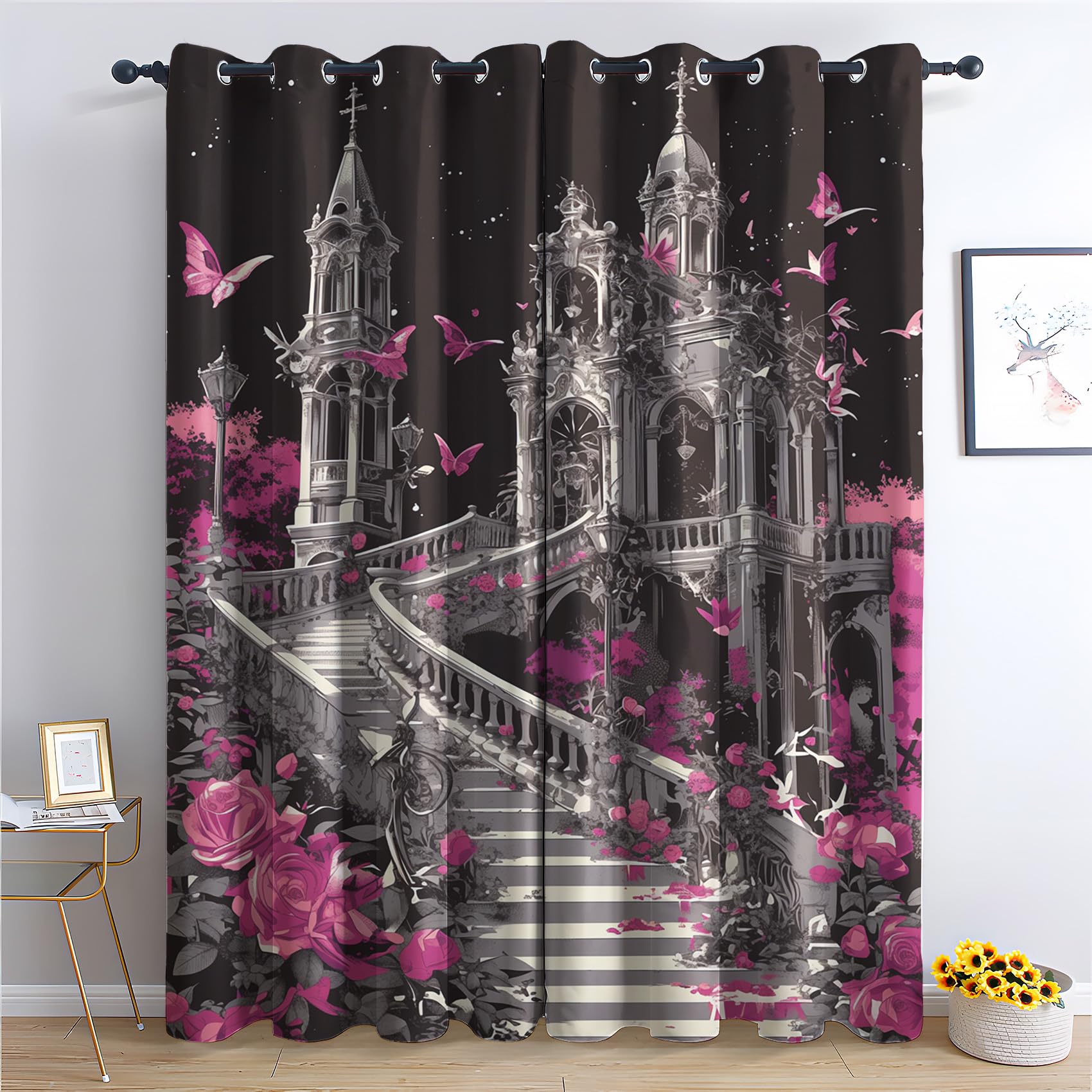 Castle Curtains for Bedroom Living Room - Girls Red Rose Blackout Curtains 54 x 90 Inch (Width x Drop), Thermal Insulated Eyelet Curtains & Drapes, Decorative Patterned Window Treatments C-#78