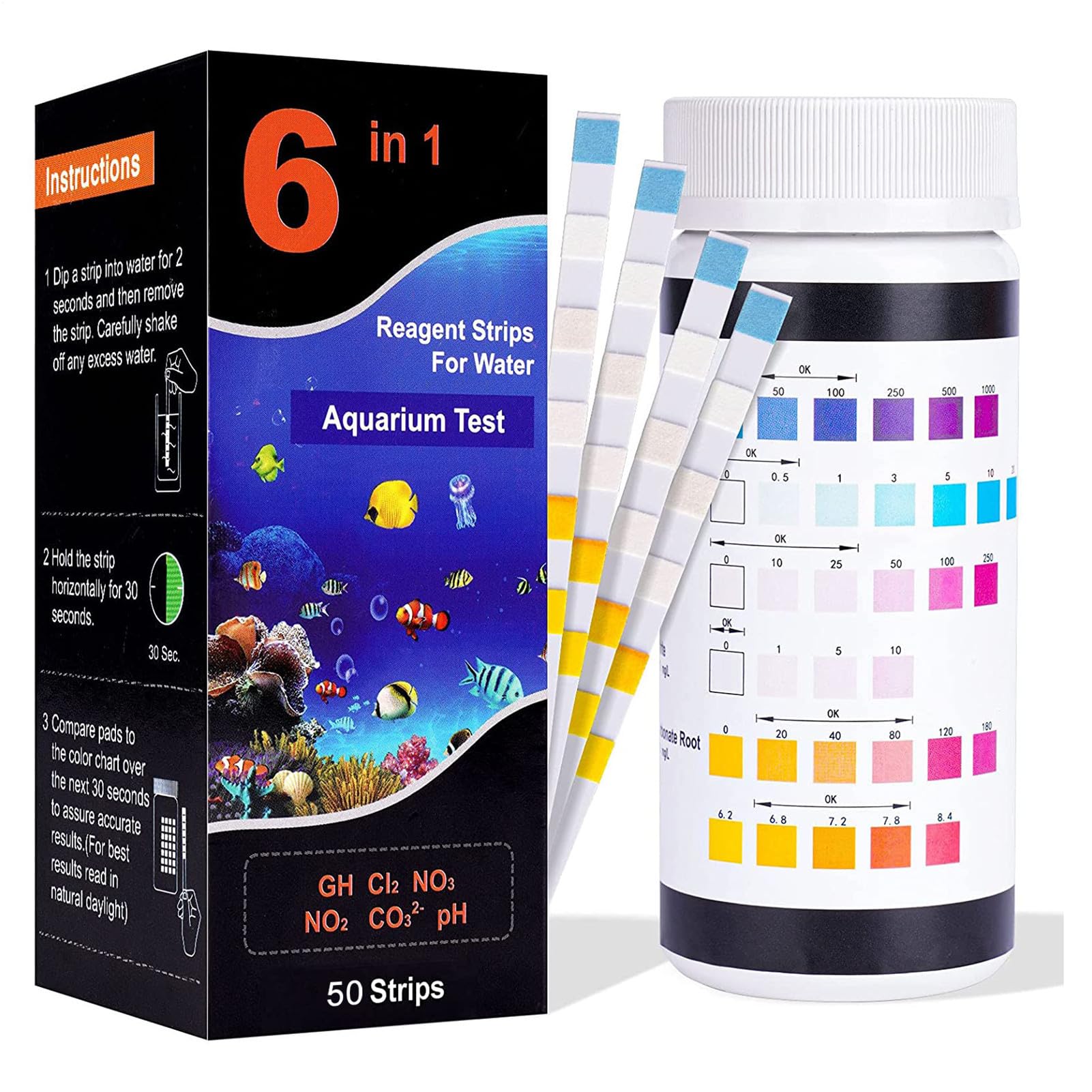 Rurunklee 6-in-1 Aquarium Test Kit for Fish Tanks - Quick & Accurate Water Testing Strips for Aquariums & Ponds. Tests pH, Total Chlorine, Hardness and Carbonate Root