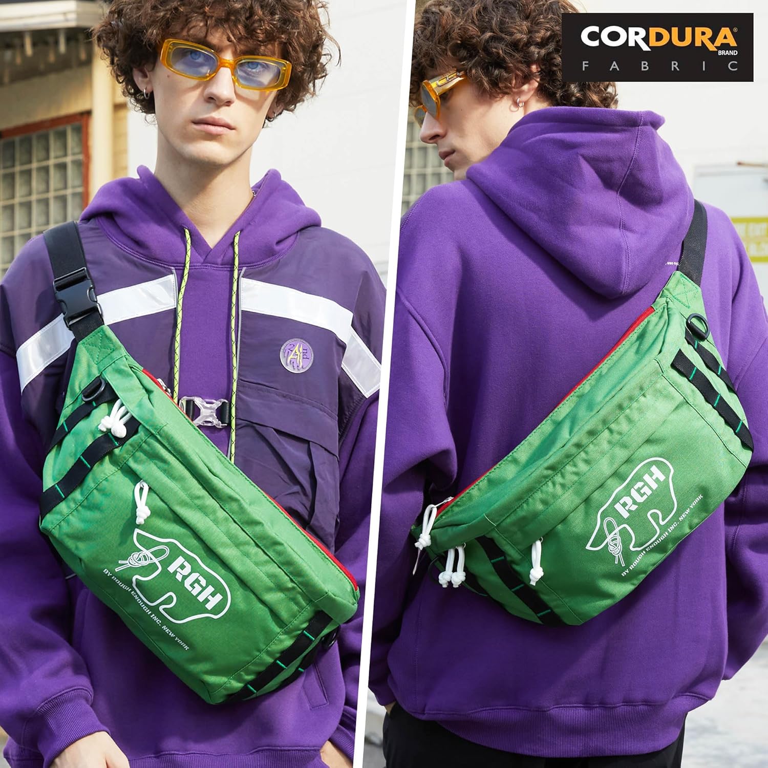 Rough Enough Large Crossbody Bag Fanny Pack for Men Preppy Waterproof with Keychain YKK Zipper Casual Cordura Green 6.5L - Image 2
