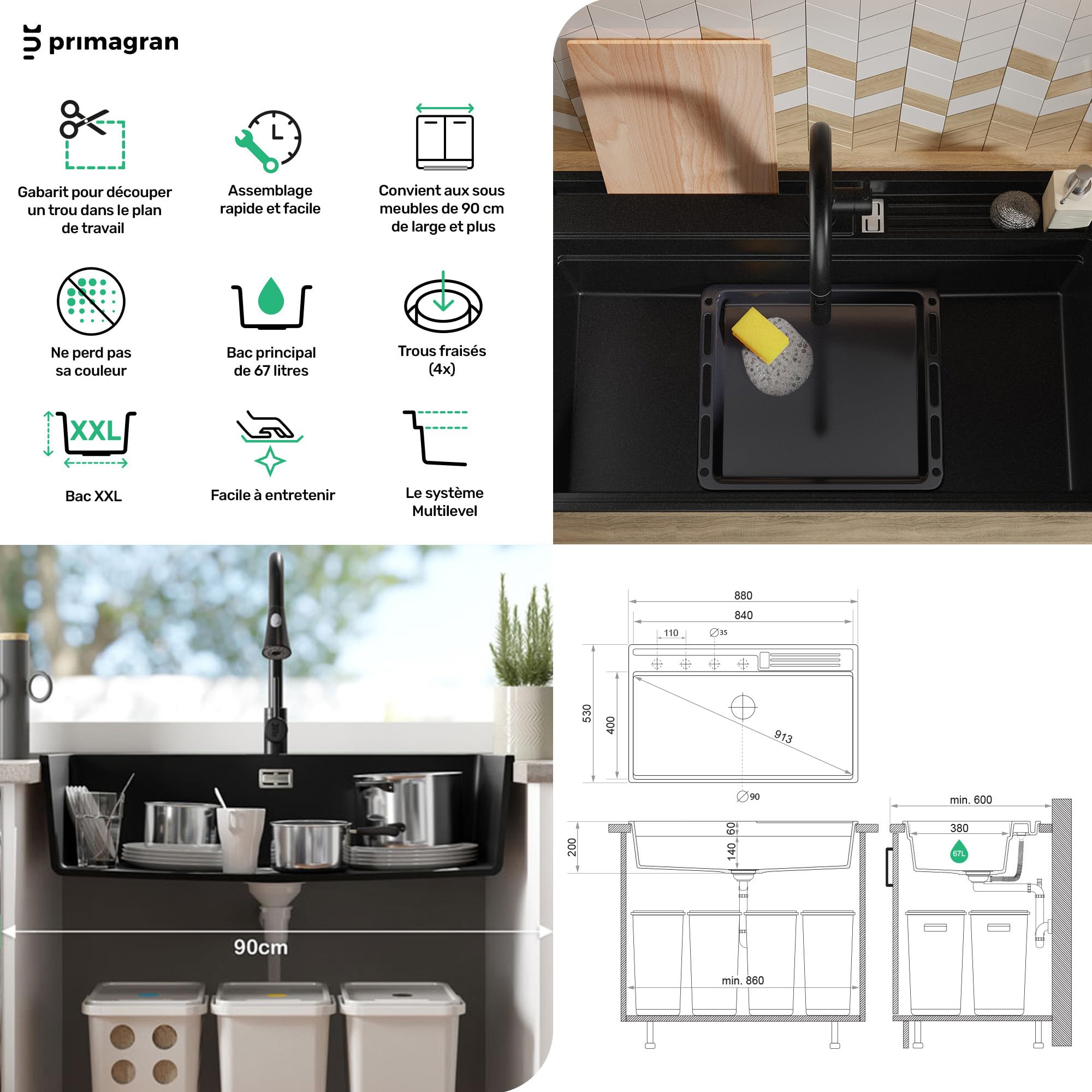 PRIMAGRAN Evier Cuisine en Granit au Meuble 90cm + Kit de Vidage, 88x53cm