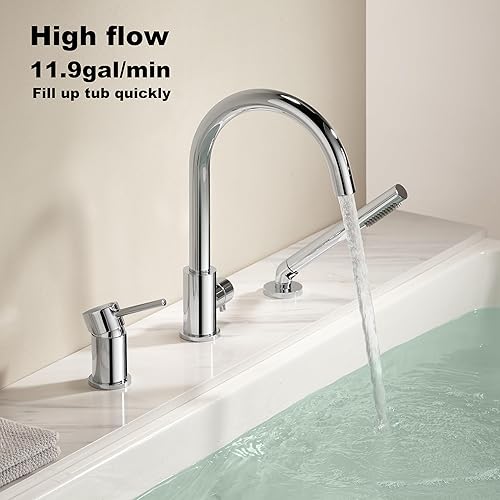 Miniatura 28 de Grifo de bañera de montaje en cubierta negro con rociador, grifos de bañera de alto flujo, grifo de baño de latón con mango montado en la ducha