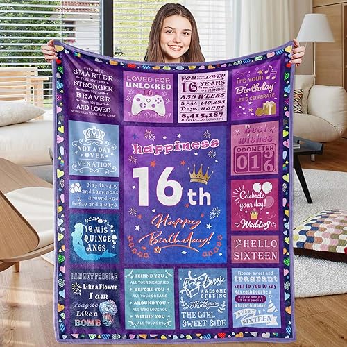 Manta de cumpleaños número 16 para niñas, regalos de cumpleaños para niñas de 16 años, regalos para niñas de 16 años, decoraciones de cumpleaños 16