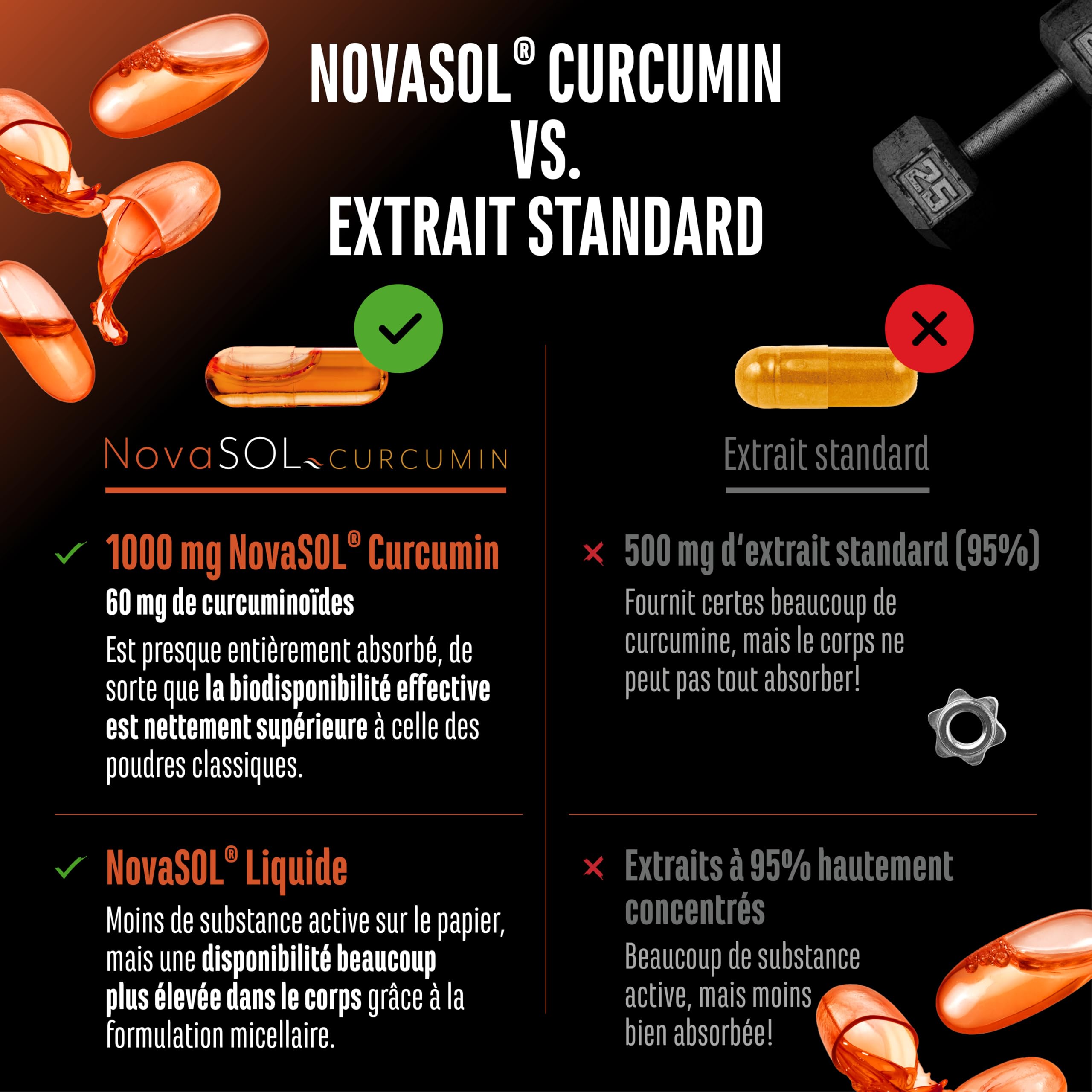 Curcuma NovaSol® - 120 capsules Liquides - 1000mg de Curcumine par Dose Journalière - Avec la Technologie Brevetée NovaSOL® - Biodisponibilité 185 Fois Supérieure grâce à la Forme Liquide - Végétalien