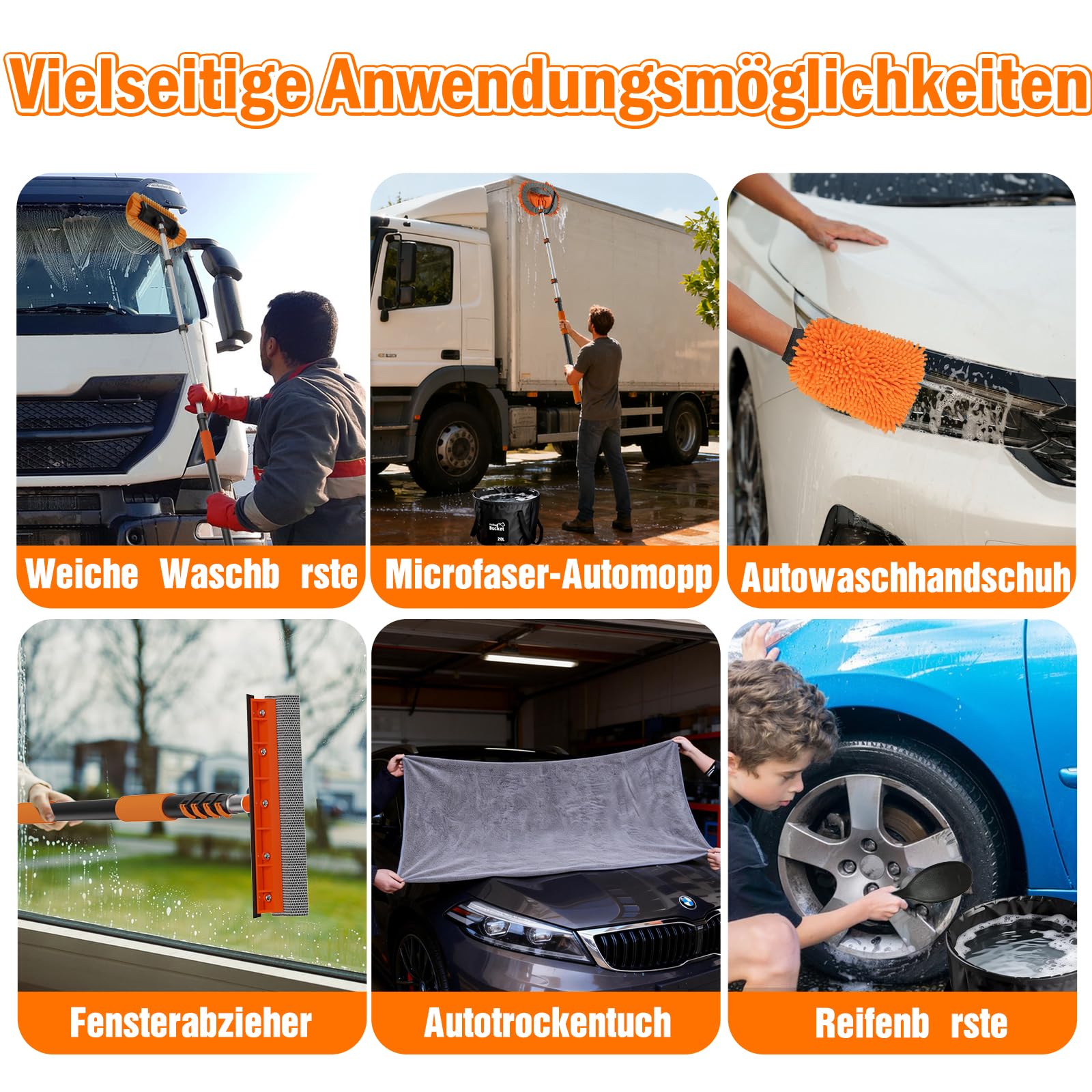 LAANPOLE 3,6M Autowaschbürste mit Teleskopstiel, Fensterputzer, Mikrofaser Mopp, Mitt, Radbürste für Wohnmobil, LKW, Boot, Hausverkleidung