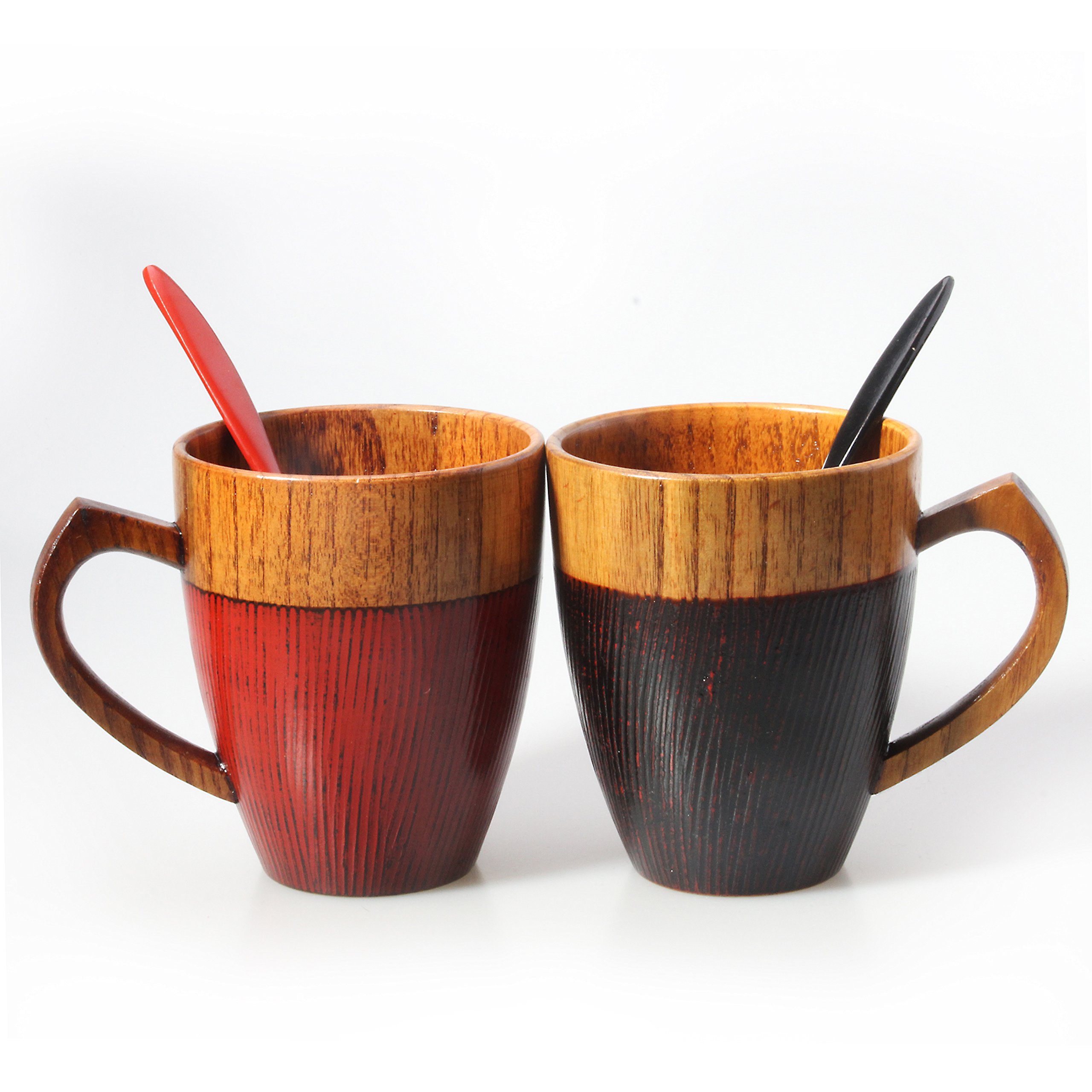 Coffee Mug with Handle, 11 OZ Insulated Novelty Cool Coffee/Tea Cup with Spoon for Eco-friendly Wood Gifts. (2, Black,Red)