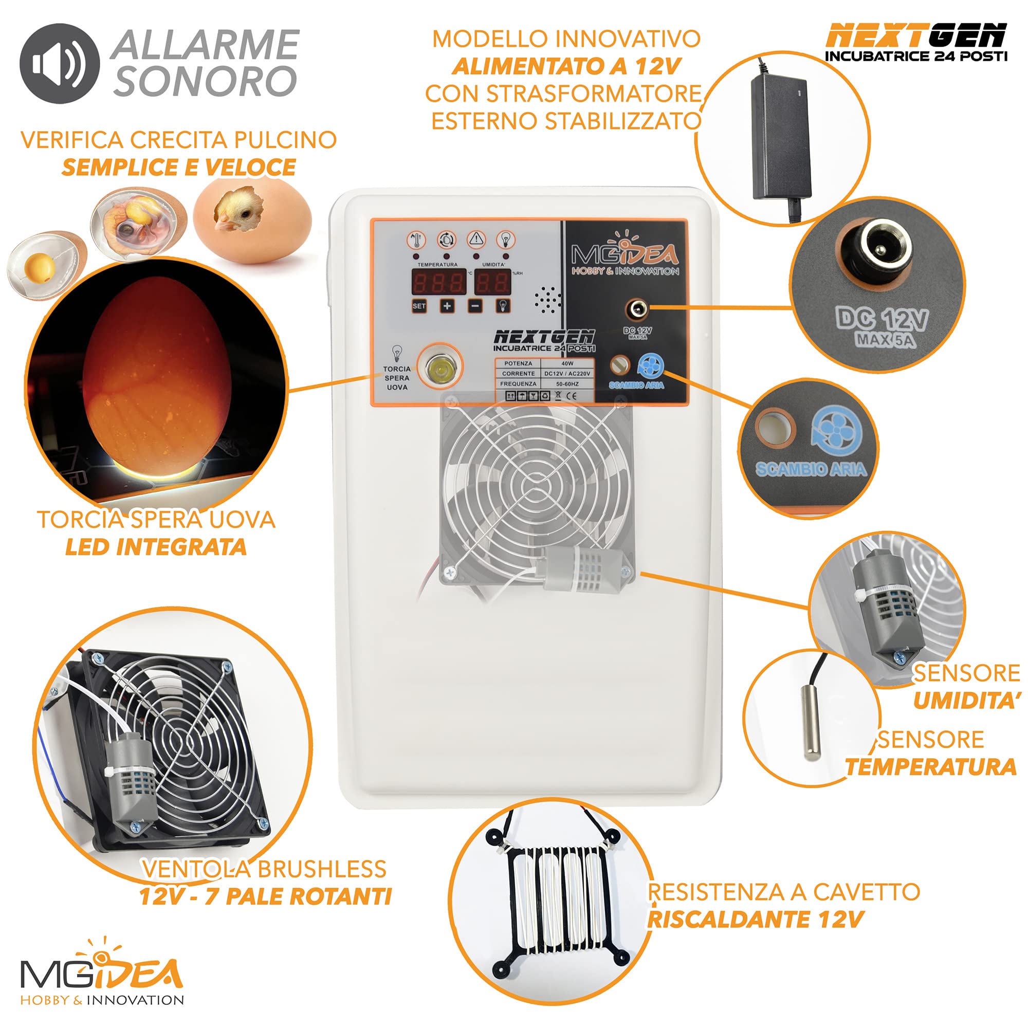 incubatrice incubatore digitale girauova rotazione automatica tester sperauova luce led pollame Avicoltura uova 24 posti controllo temperatura umidità Avicoli tutte specie gallina quaglia