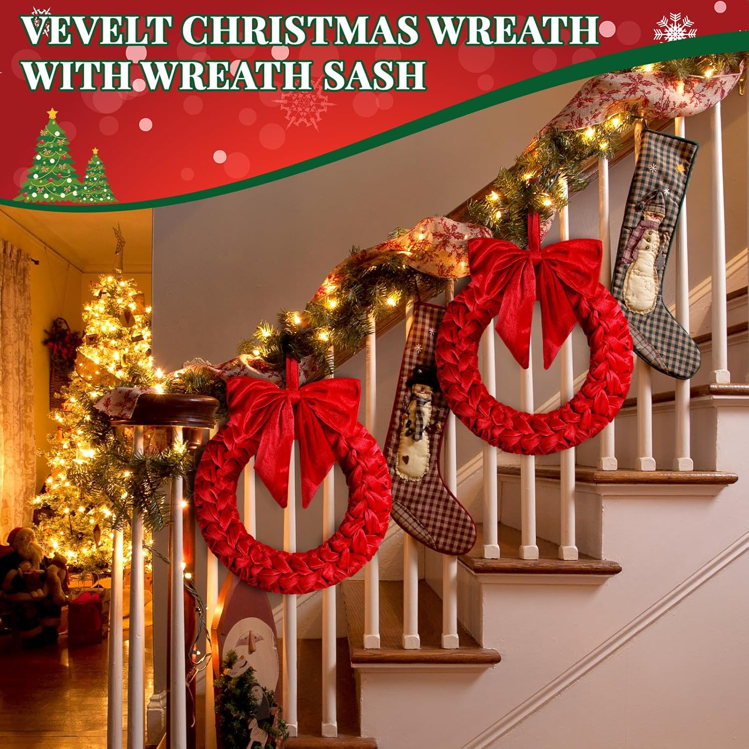 4 Pcs/2 Set 12'' Red Christmas Velvet Wreath with Sash and Bow Christmas Wreath for Front Door Xmas Velvet Decor Ornament for Outdoor Party Table Fireplace Porch Wall Holiday Home Yard
