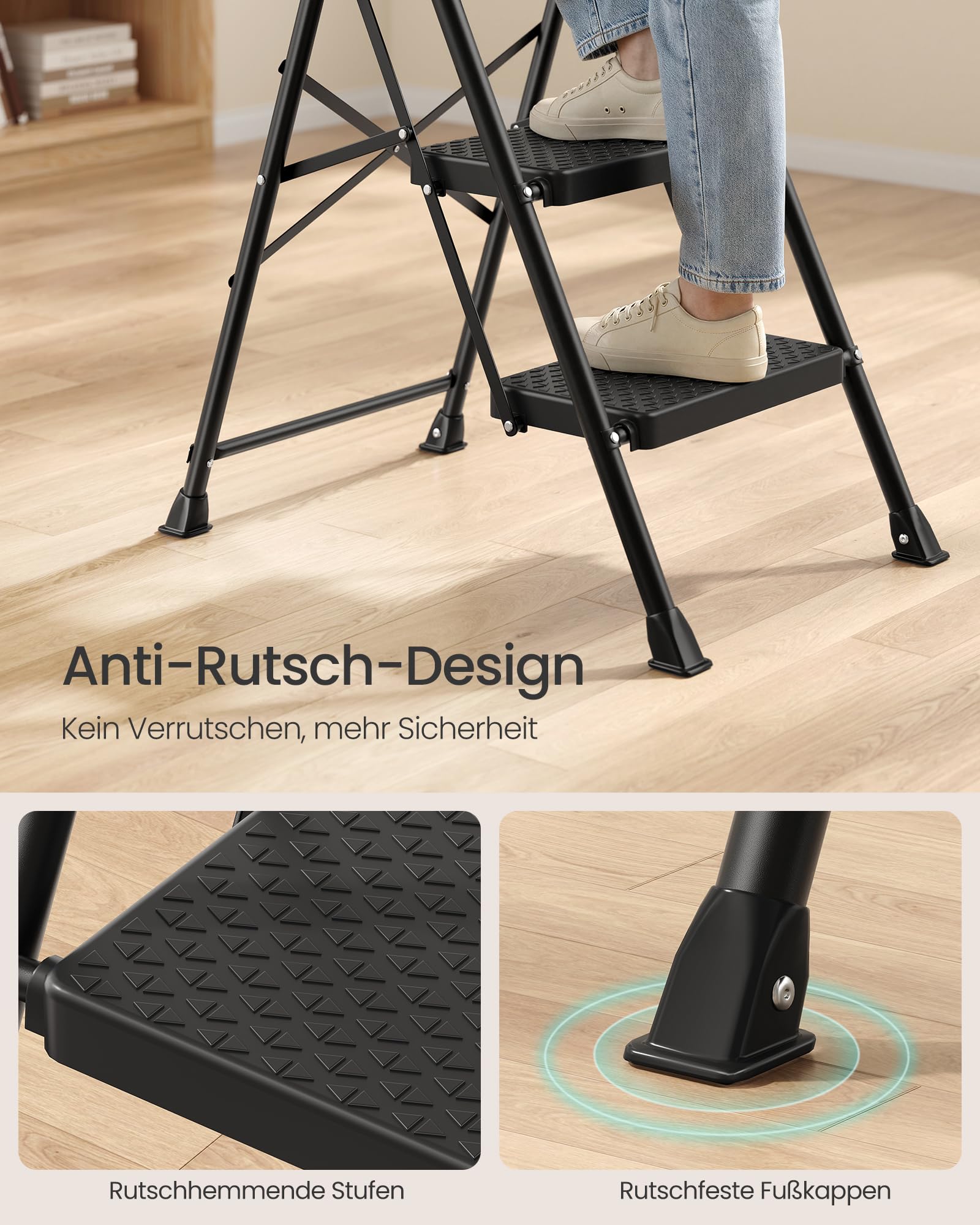 SONGMICS Trittleiter Stahl, Leiter 3 Stufen klappbar, Klappleiter belastbar bis 150 kg, Tritthocker für Haushalt, Büro und Garten, 73 x 46,5 x 102,5 cm, schwarz GSL203BZ01