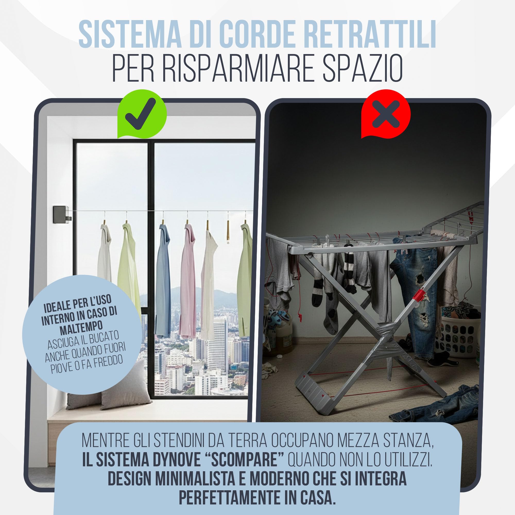 Filo Stendibiancheria Retrattile da Parete con doppia corda in acciaio da 4,2 m Stendibiancheria a Scomparsa Salvaspazio per bagno e balcone - Mollette in legno e sacchetto in tessuto inclusi