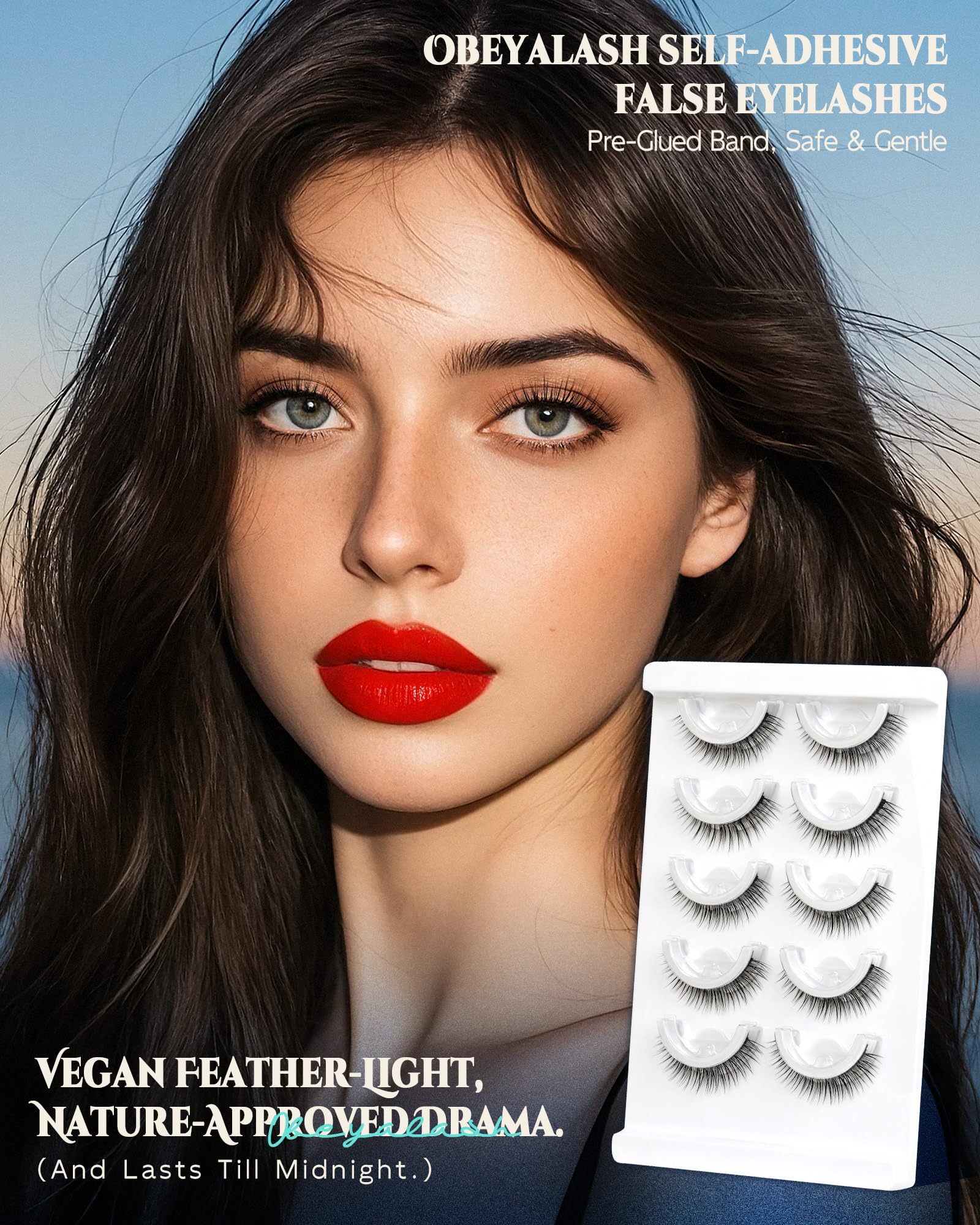 Obeyalash Waterproof Reusable Self Adhesive Eyelashes Natural Look,Doll Eye 10mm, 5 Pairs Stick on False Eyelashes,Pestañas Postizas Naturales,Pre Glued Lashes,Press on False Lashes,Wispy Strip Lashes