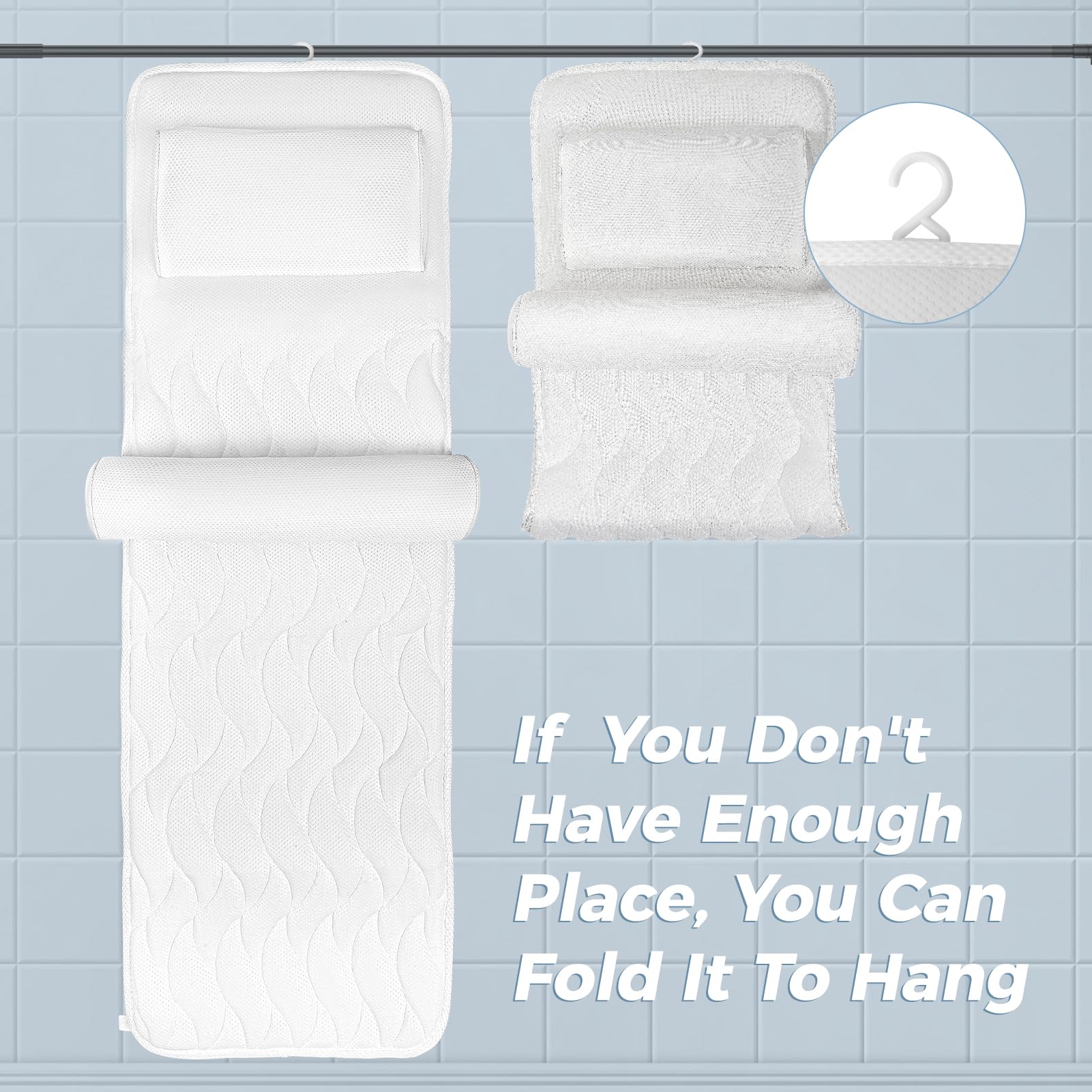 Cojín para Bañera de Cuerpo Entero 123×40 cm para Personas de 160-180 cm de Altura, Alfombrilla para Bañera con Reposacabezas Que Sostiene el Cuello y la Espalda,Agradable para la, Blanco