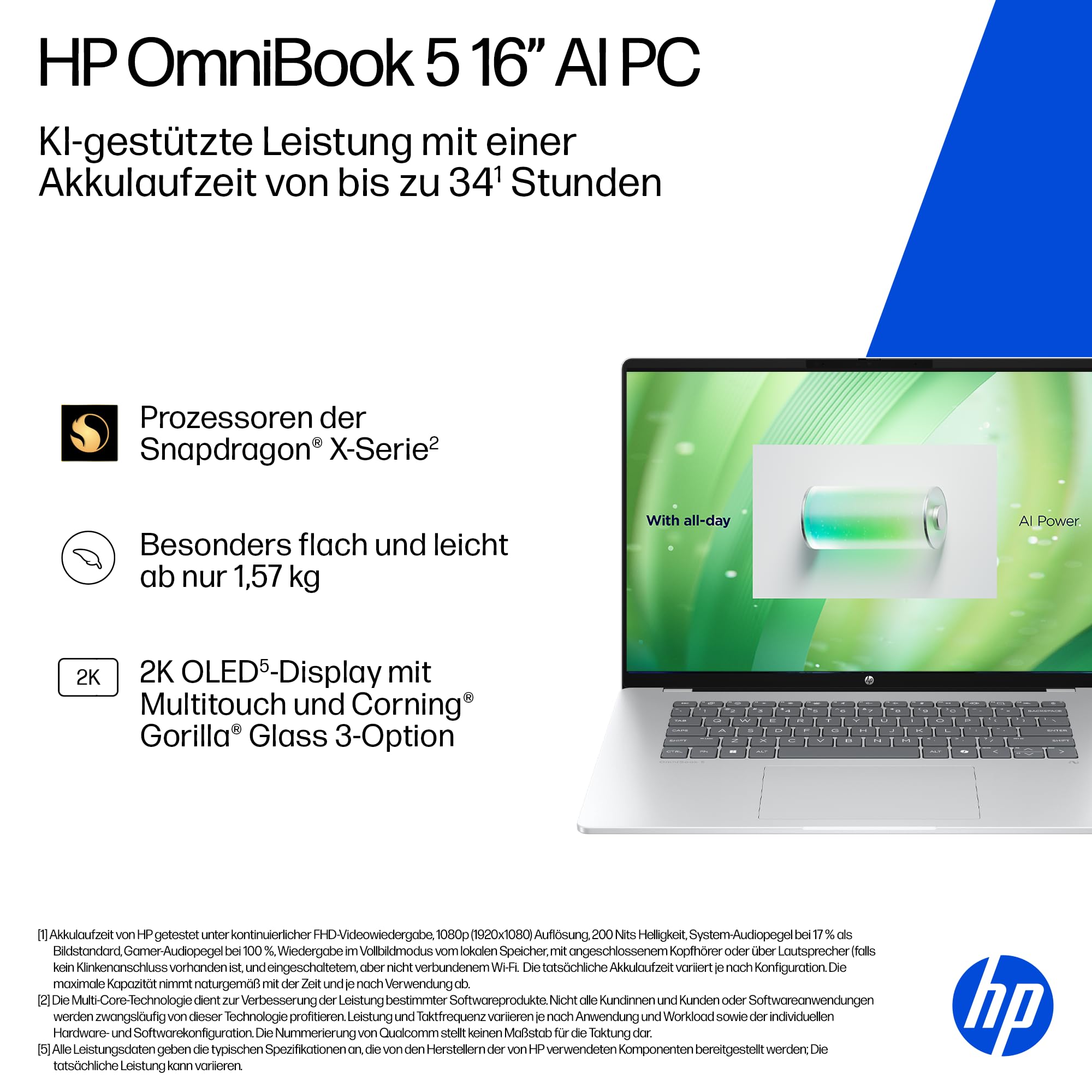 HP OmniBook 5 Next Gen AI Laptop PC, 16 Zoll 2K OLED Touch, Snapdragon X1-26-100 Prozessor (45 NPU-Tops), 16 GB LPDDR5x RAM, 512 GB PCIe SSD, Qualcomm Adreno GPU, Windows 11 Home, QWERTZ, Silber