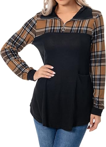 Womens Dressy Casual Flannel Plaid Shirt Trendy Fall Winter Long Sleeve Collared 1/4 Zip Tops with Pockets