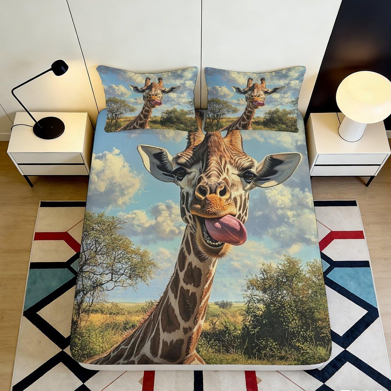 3D Printed Giraffe Safari Fitted Sheet Microfiber Soft Decorative Wildlife Bed Cover for Bedroom Guest Room Dorm Decor 90x200x25cm
