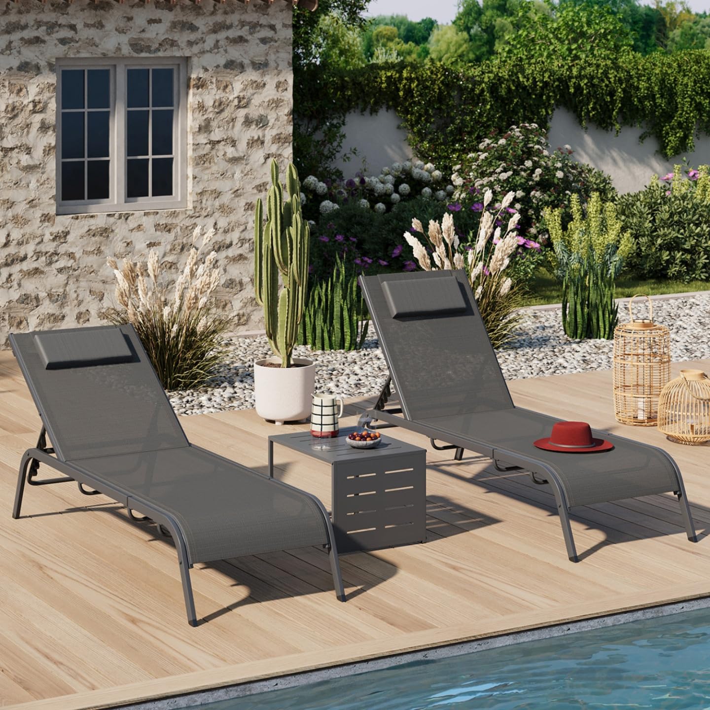 IDMarket - Juego de 2 tumbonas de jardín reclinables Bora con mesa auxiliar modular de acero gris antracita y lona gris