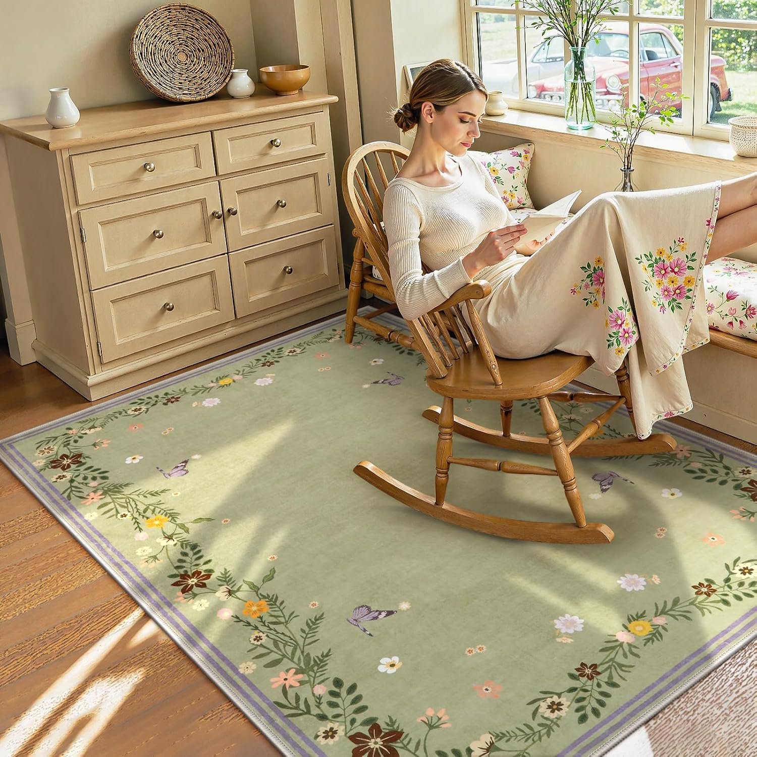 Beeiva Floral Rugs for Bedroom, Soft Ultra-Thin Area Rugs 5x7 Washable, Non-Slip Sage Green Carpet for Living Room Office (Sage Green,5'x7') Green-2 5' x 7' (Rectangular)