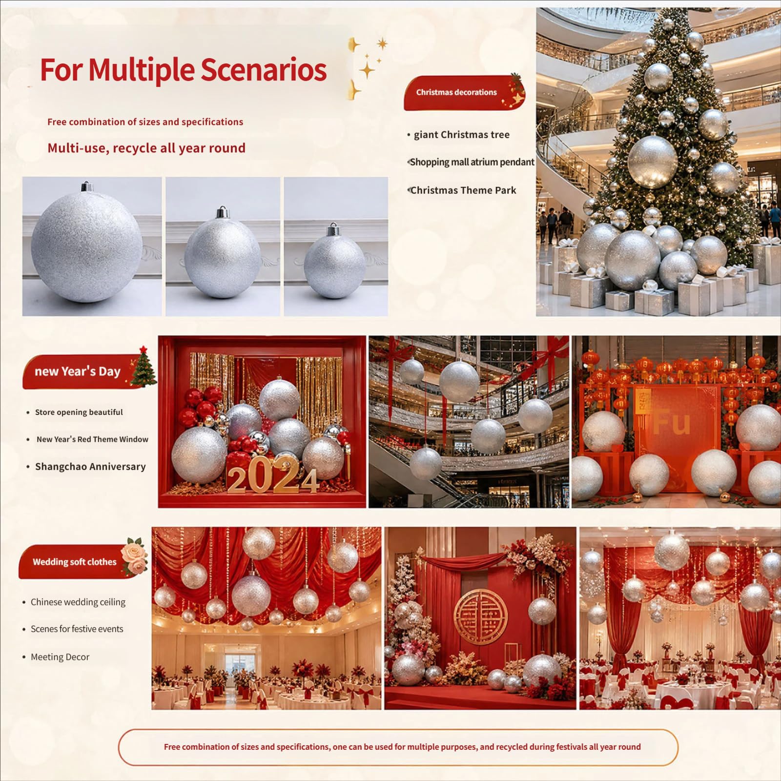 Générique Boules de Noël à Suspendre en Argent Scintillant 25, 30, 40 cm pour décoration d ' Arbre, plastomère Scintillant, Installation Simple Fine et permanente pour Les fêtes de Fin d ' année