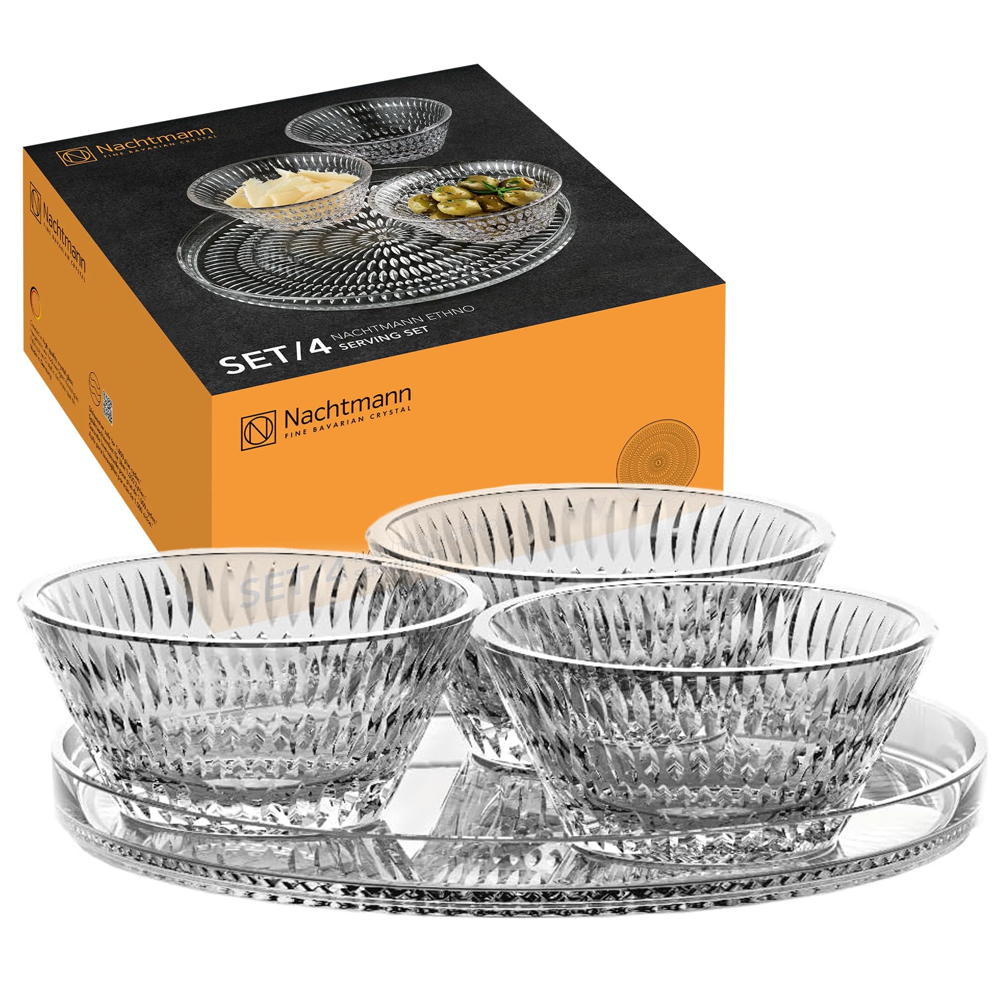 Nachtmann Ethnic 105766 4-Piece Serving Set with 1x Plate and 3X Bowls, Crystal Glass Tableware Set, Dishwasher Safe