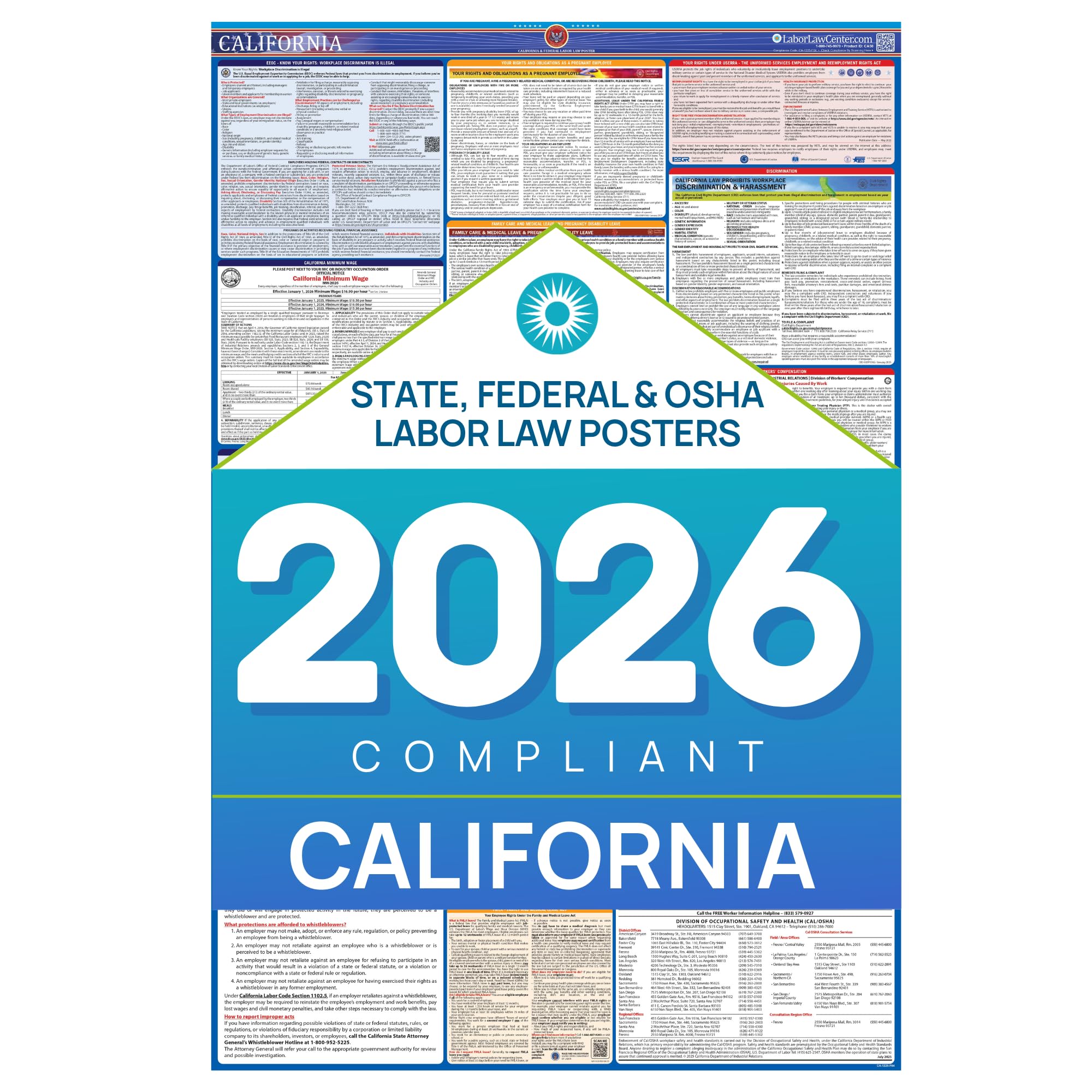 Updated California 2026 Labor Law Poster – State & Federal Compliance – OSHA, EEOC, FMLA, Minimum Wage – Durable, Laminated & Waterproof Workplace Employment Poster – Made in USA – 26” x 39.5"