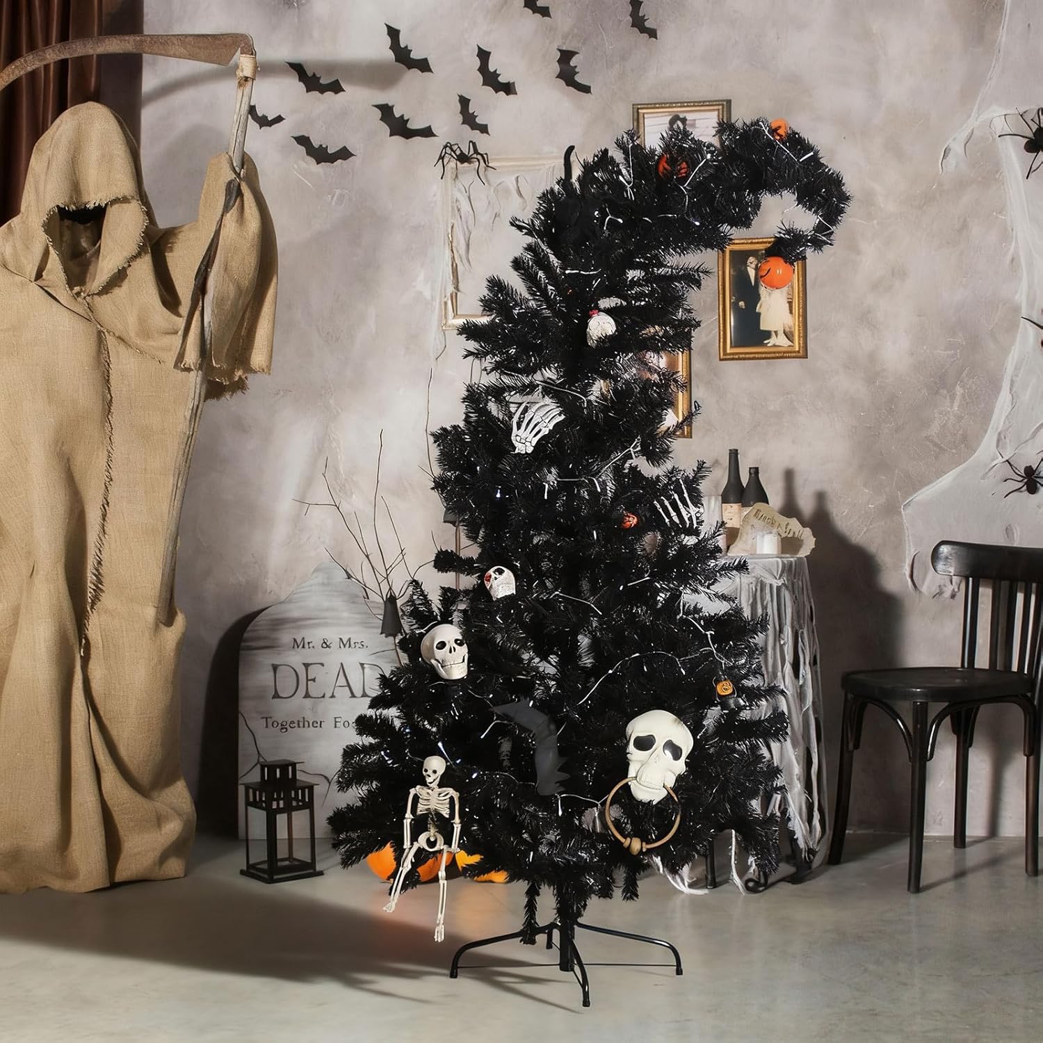 6 ft Black Christmas Tree with Light - Prelit Halloween Crooked Neck Christmas Tree Artificial for Xmas Holiday Party Indoor Outdoor Decoration