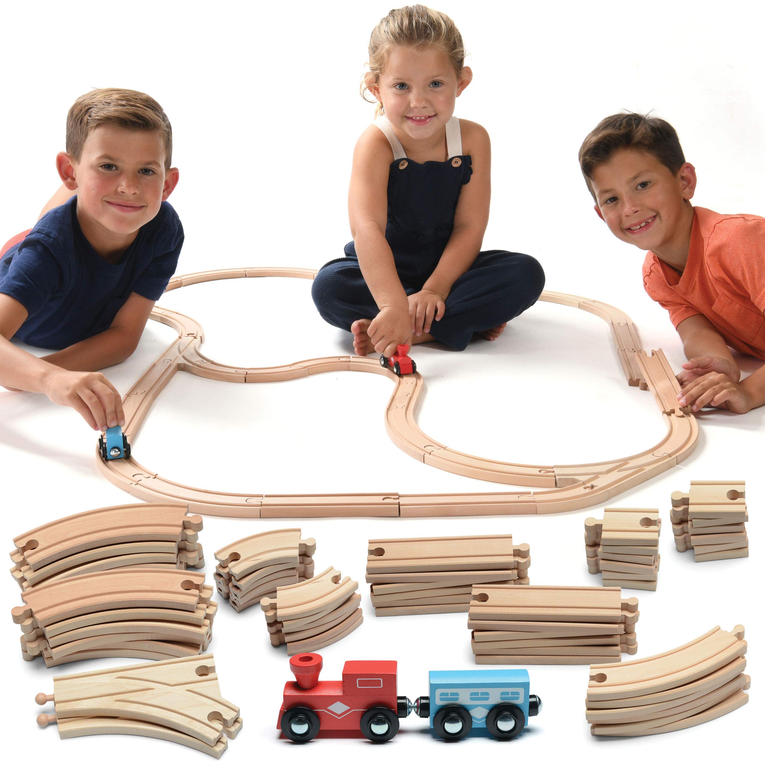 Play22 Wooden Train Tracks 52 PCS Wooden Train Set + 2 Bonus Toy