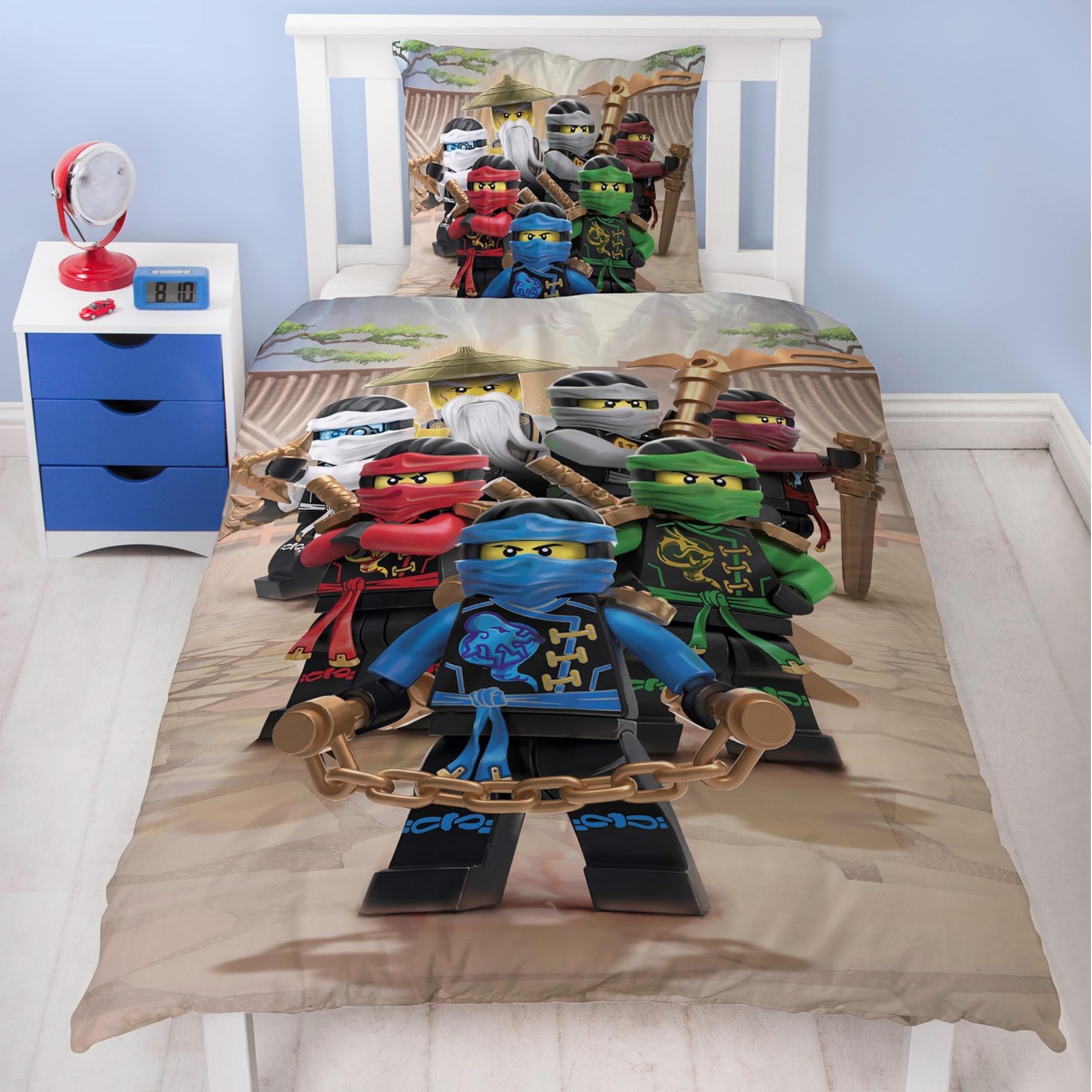 Biancheria da letto 135 x 200 cm, Lego Ninjago Lloyd, Sora, Arin e Drago Riyu, 100% cotone, chiusura lampo, 1 federa 80 x 80 + copripiumino 135 x 200, set di biancheria da letto per bambini, motivo:
