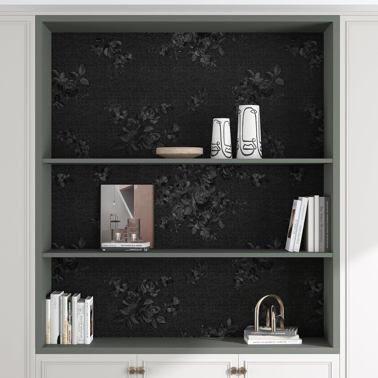 Decotalk 30"x120" Floral Embossed Wallpaper Stick and Peel Black Floral Wallpaper for Bedroom Bathroom Textured Contact Paper Peel and Stick Embossed Vinyl Wall Paper Textured Removable