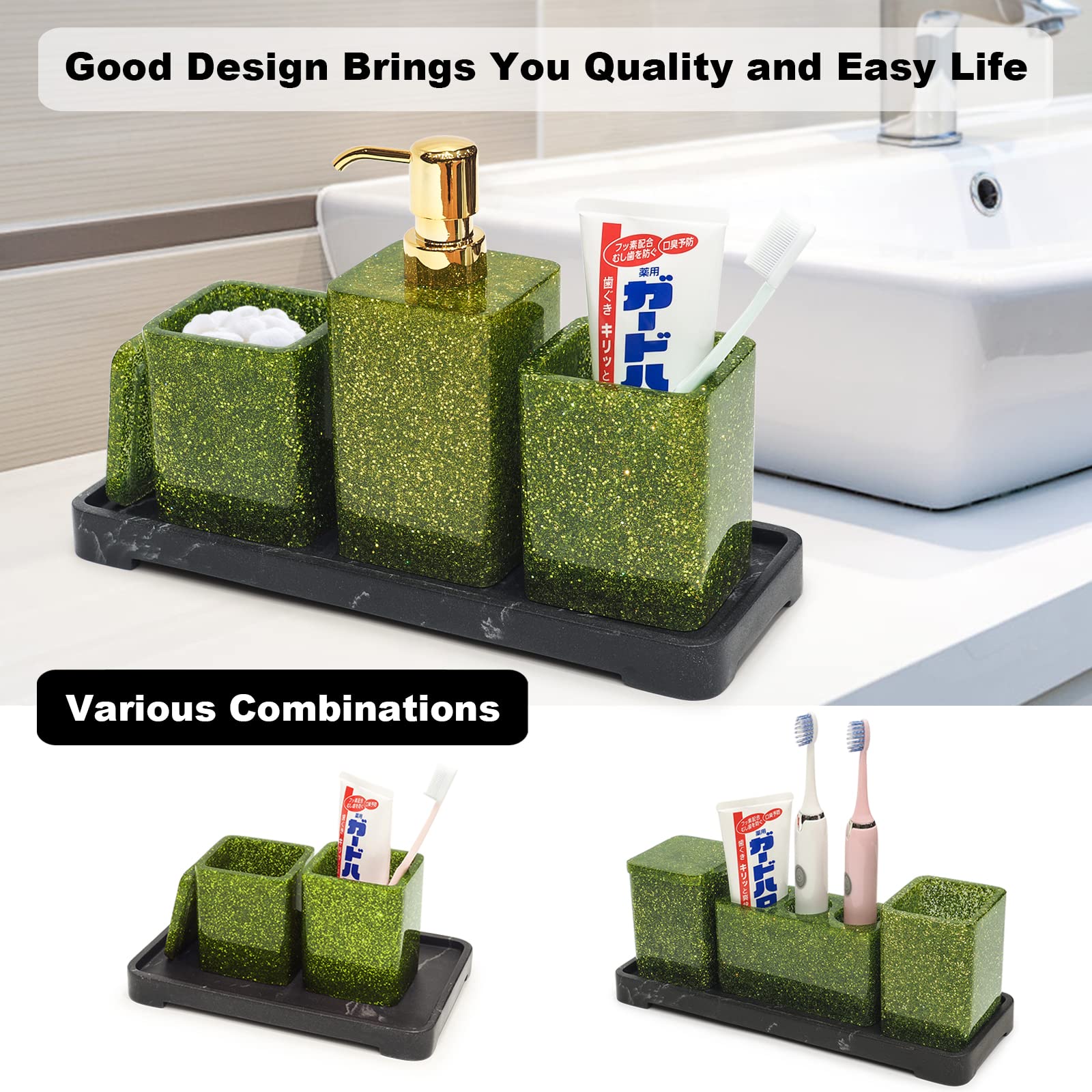 Juego de Accesorios de baño, 5 Piezas de Resina Verde Salvia para decoración de baño con dispensador de loción, jabonera, Vaso, Soporte para Cepillo de Dientes, Soportes para Puntas Q,