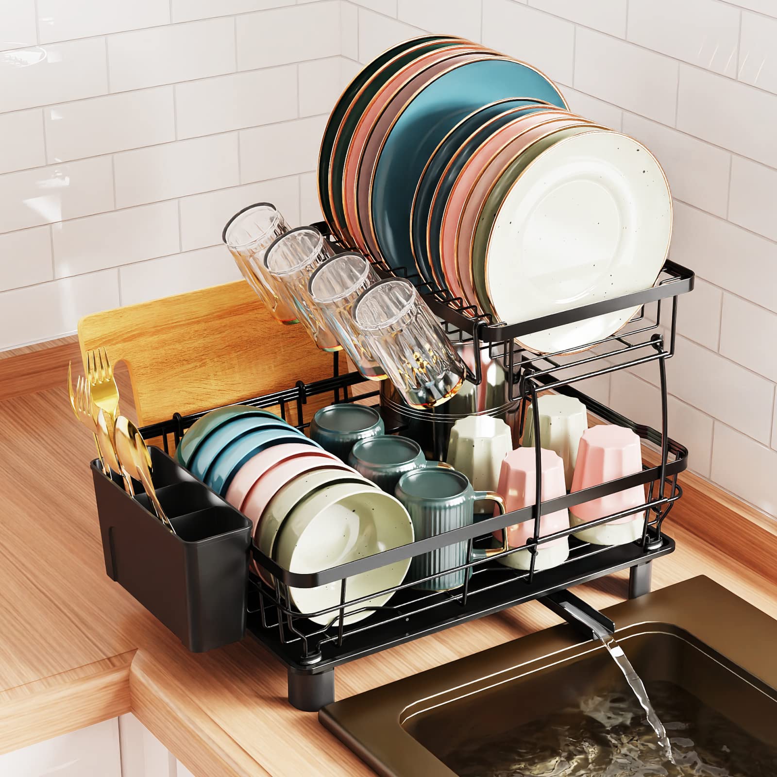 GSlife Dish Drying Rack with Drainboard Large Tier Dish Rack with 12  Plate Slot, Dish Racks for Kitchen Counter with Utensil Holder Cup Holders