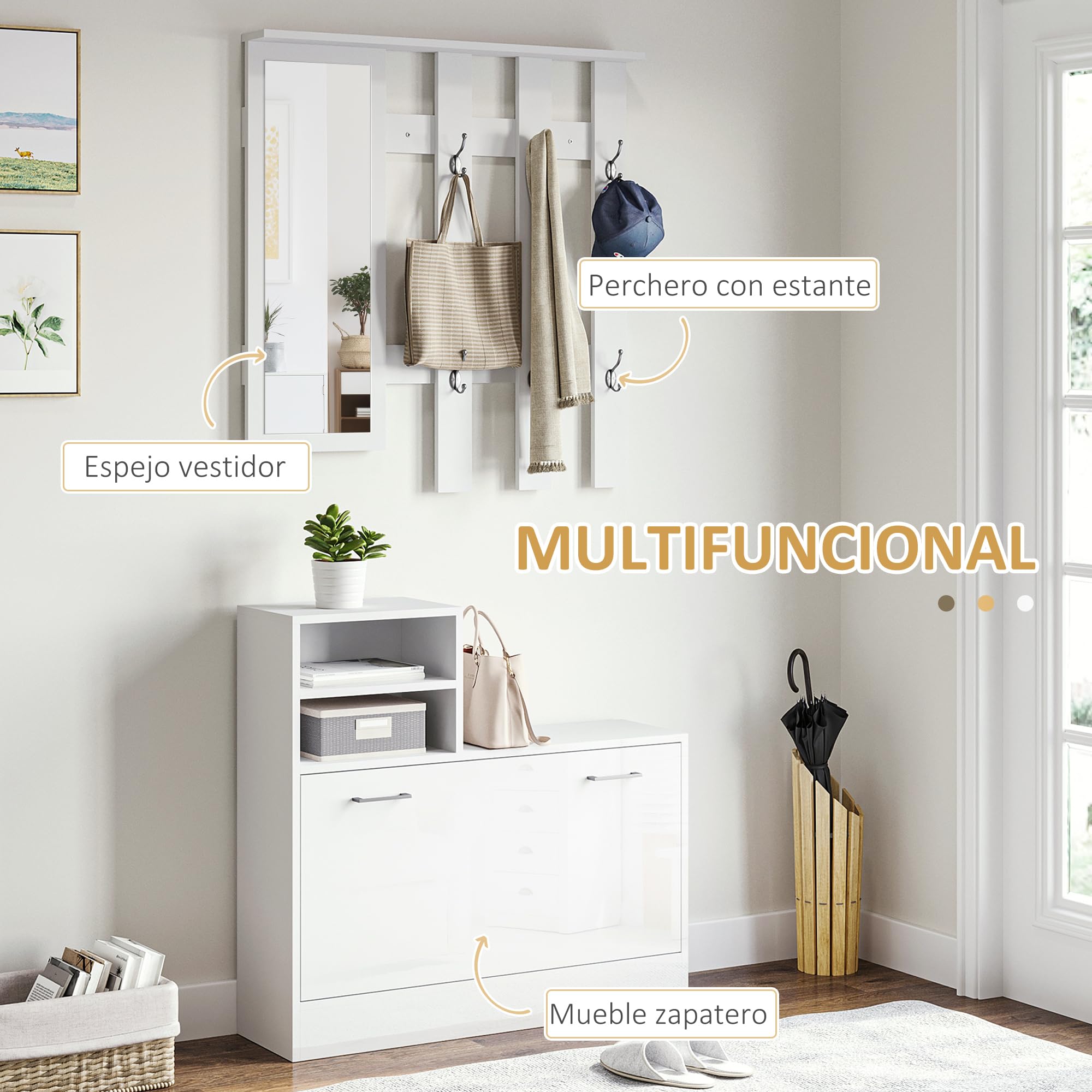 HOMCOM Conjunto de Recibidor de Entrada con Espejo Perchero y Zapatero Muebles de Entrada con 6 Ganchos y Estantes para 8 Pares de Zapatos para Pasillo Blanco Brillante