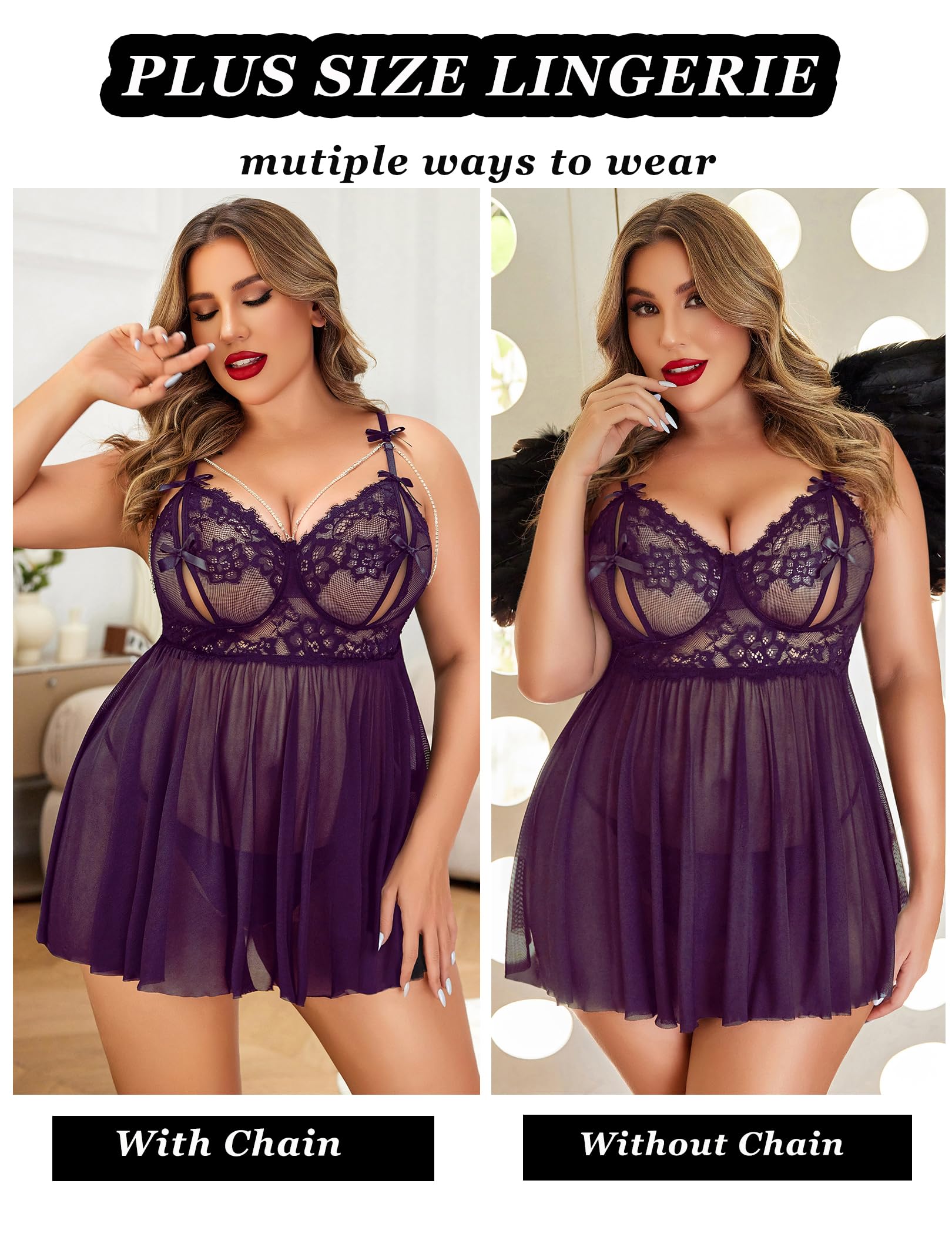 Avidlove Plus Size Lingerie Womens Lace Babydoll Sexy Chemise Sleepwear V Neck Nightgown Mesh Sleepwear Nighty L-5XL