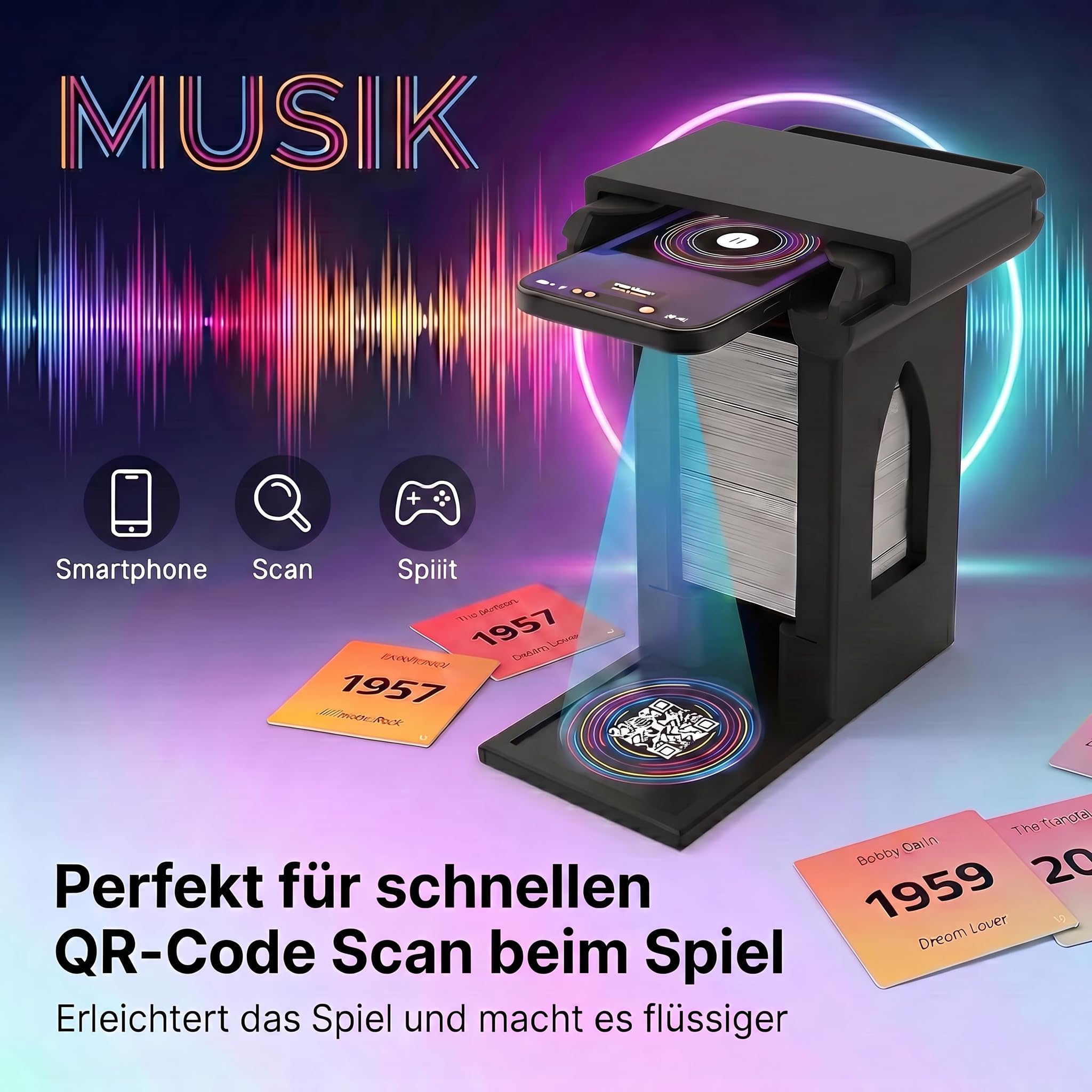 Handyhalterung Turm passend für Hitster – Smartphone Ständer mit Kartenfach – stabil & rutschfest für QR-Code Scan – Zubehör kompatibel mit Hitster Original & Party