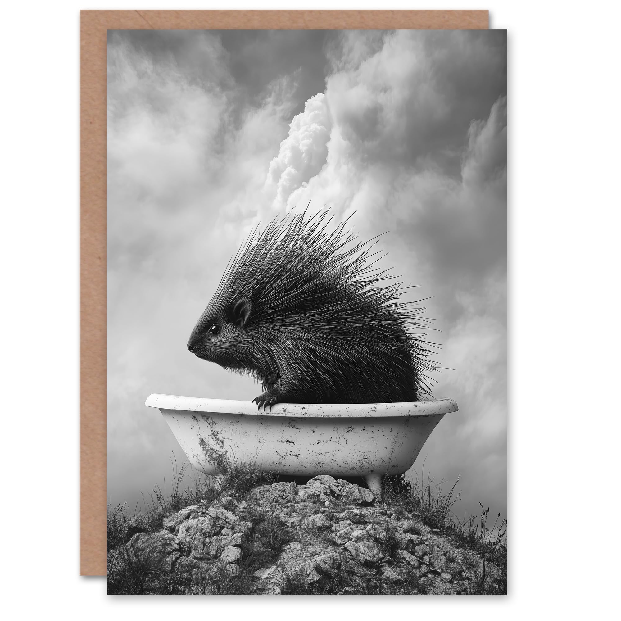 Cute Porcupine in Bathtub Black White Surreal Birthday Greeting Card