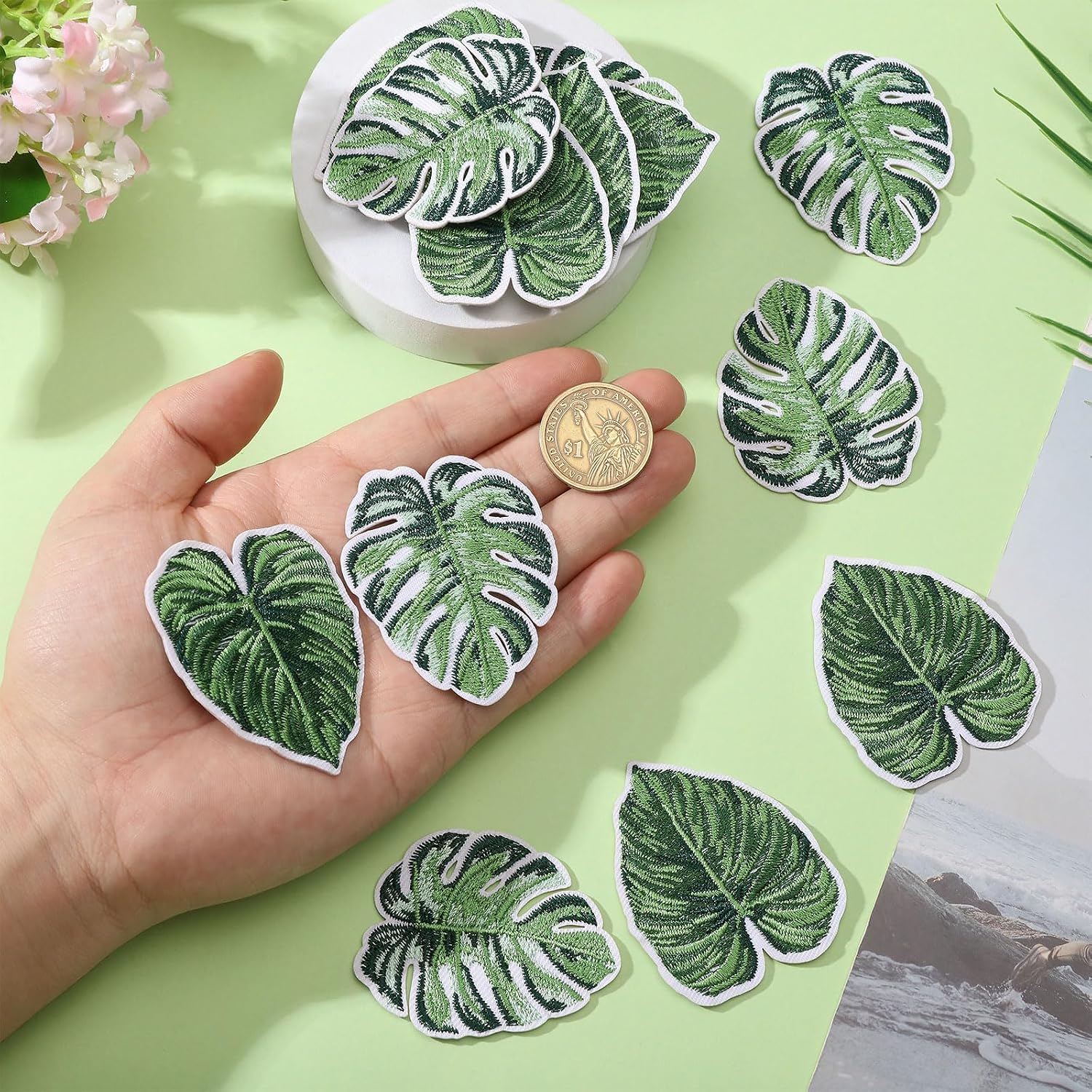 FREEBLOSS 16PCS Sew on Embroidered Applique Leaves Patches Beautiful Monstera Leaf Patch for Clothes Jeans Jackets DIY Decoration 1.9"~2.4"