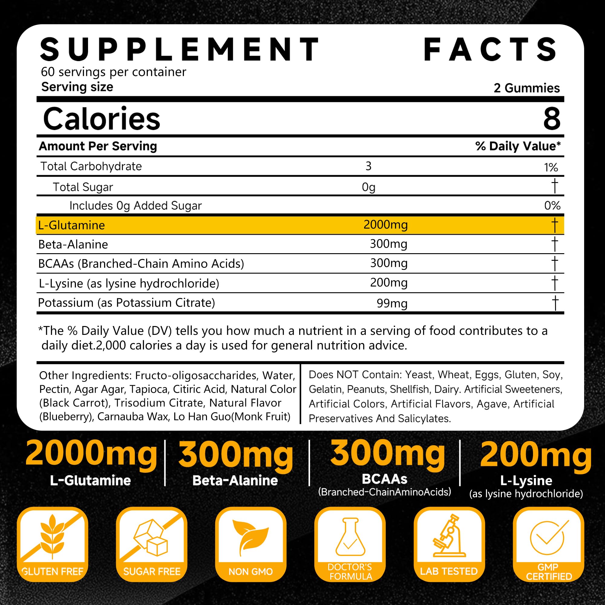 L-Glutamine 2000mg Gummies for Men & Women, Post-Workout Recovery, Immune Support, Energy & Gut Health, Amino Acid Supplement with Beta-Alanine, BCAAs, L-Lysine and Potassium, Sugar Free, 120 Count — Amazon image 2