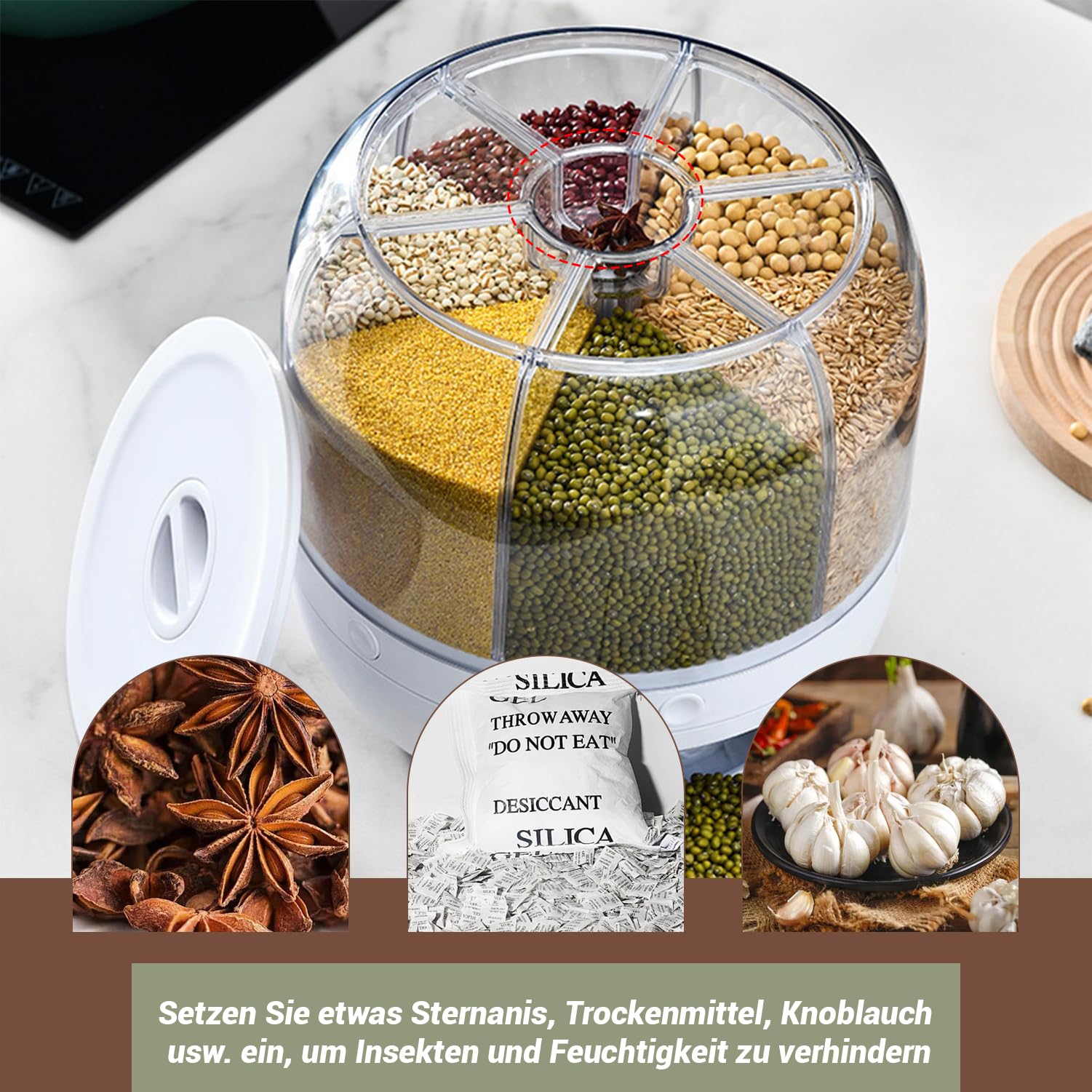 Contenitore Girevole per Cereali, 6 Griglie Dispenser di Cereali in PP Rotante con Coperchio Rimovibile, Dispenser di Riso, Distributore di Riso, Contenitore per Riso Stoccaggio, per Negozio di Cucina