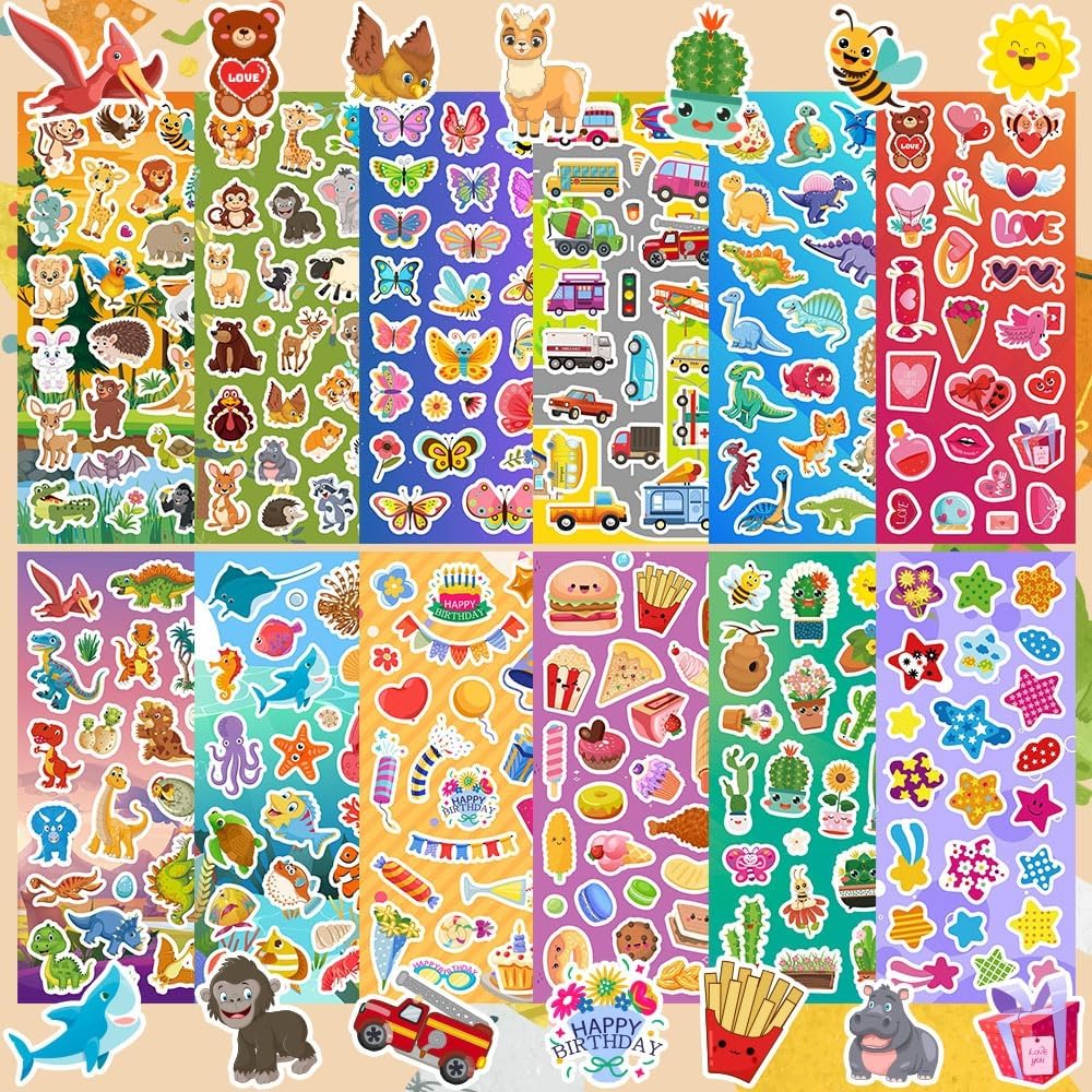 36 Sheets Stickers for Kids, Cute Stickers Variety Pack with Animals, Dinosaurs, Butterflies, Vehicles, Food, and More Themes image 2