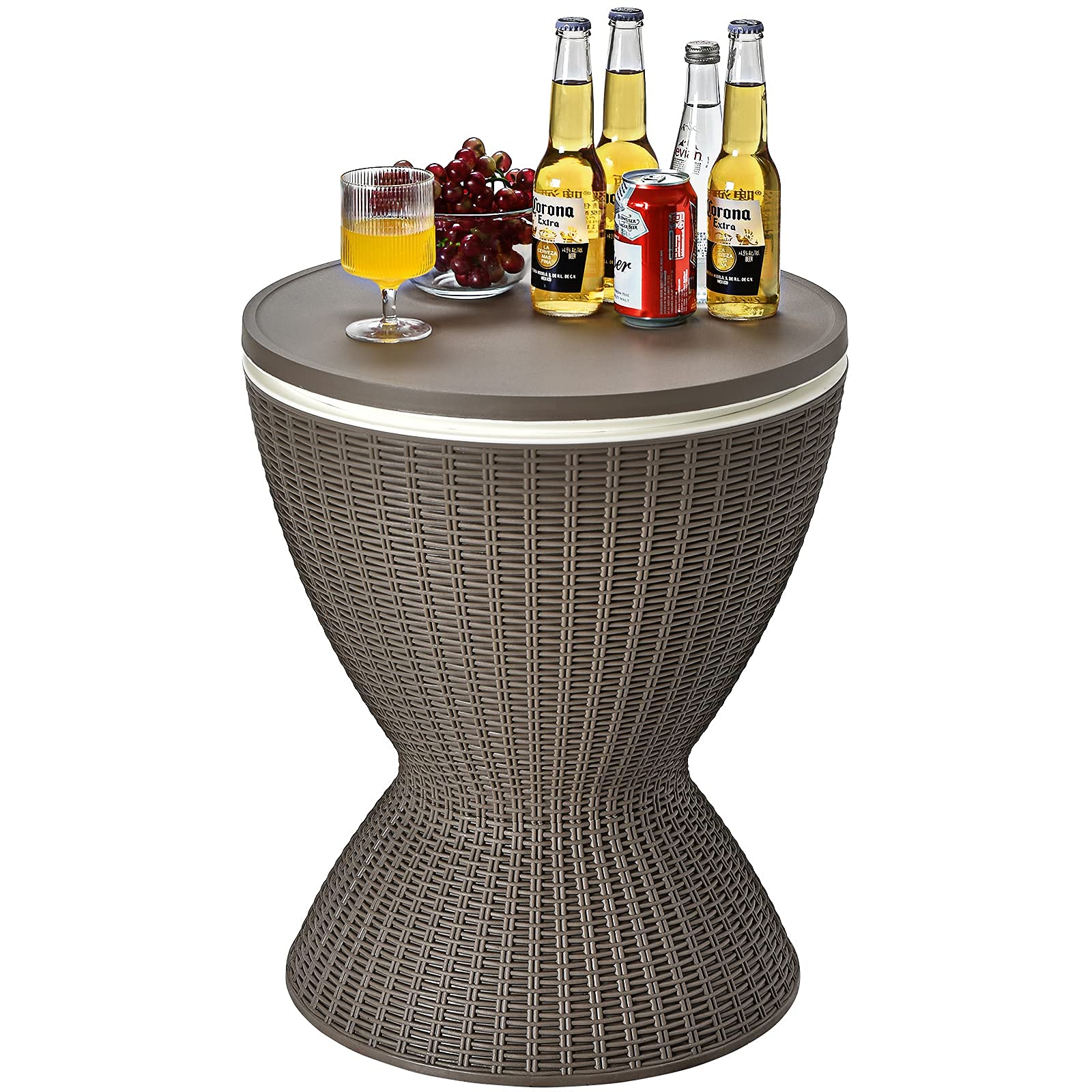 GIANTEX Kühlbox/Beistelltisch Polyrattan, 30 L Getränkekühler Cool Stool in Rattanoptik, Kühlbox mit Deckel & Abflussloch, Gartentisch höhenverstellbar (Hellbraun)