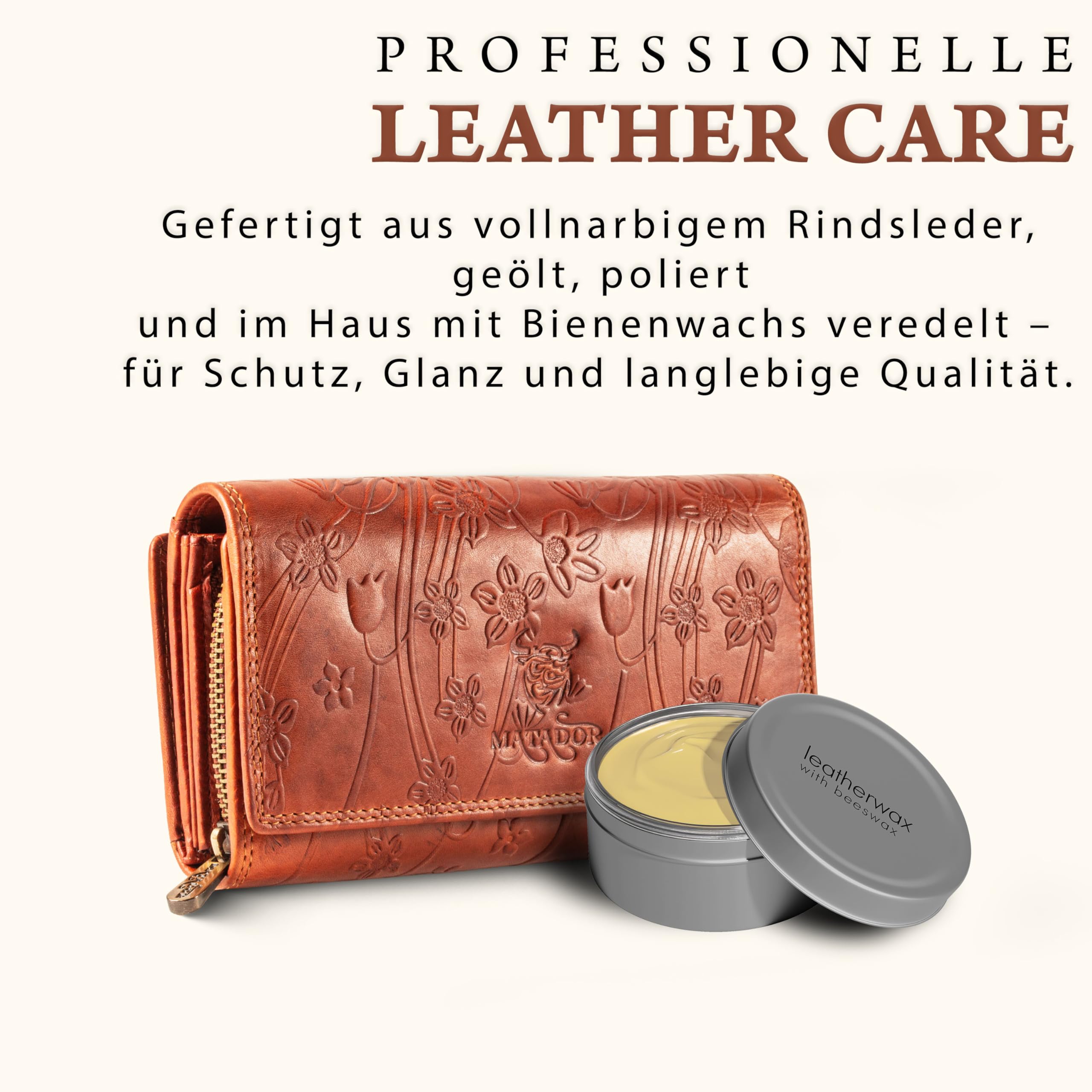 MATADOR Damska portmonetka z prawdziwej skóry, ochrona RFID, rozmiar XXL, wiele przegródek na karty, Brązowy nadruk, 18x 10 x 4.5 cm