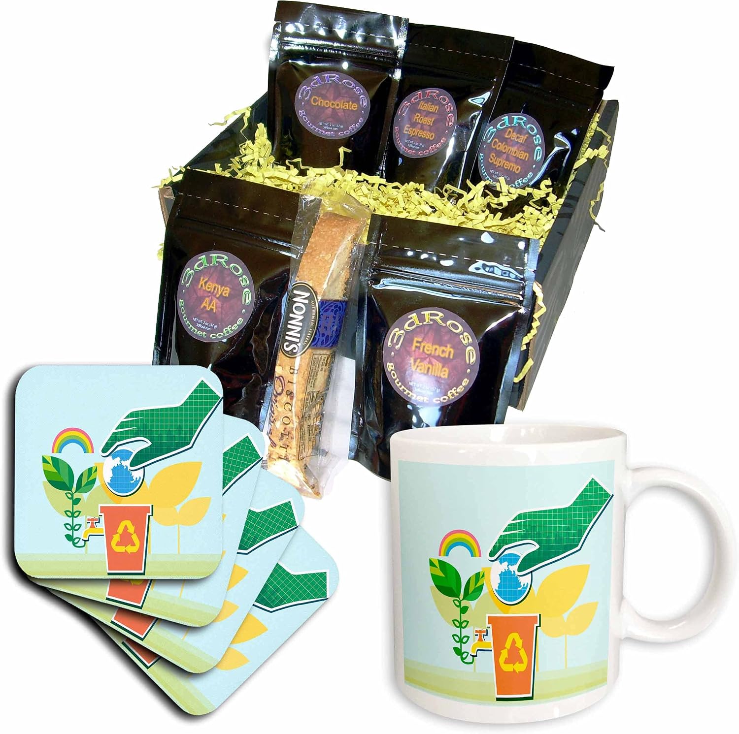 3dRose Green Peace Art with Earth, Green, Rainbow and Recycle Symbol - Coffee Gift Basket (cgb_167254_1)