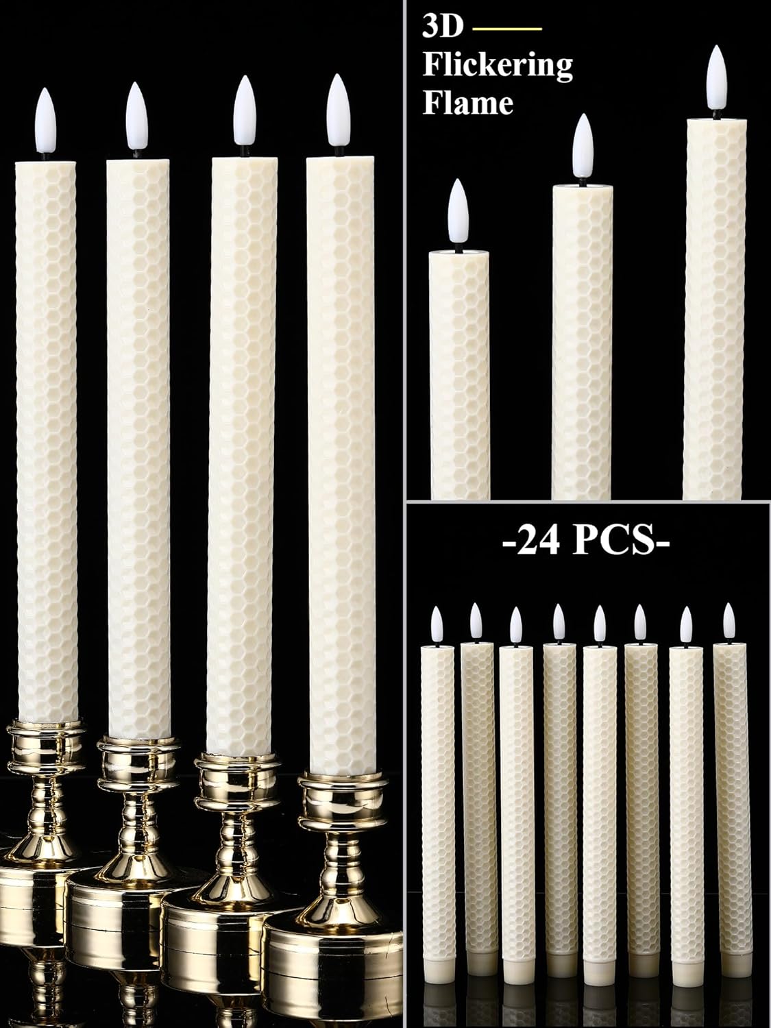 Treela 24 Pcs Flameless Taper Candles Battery Operated Bulk Fake Candles Light LED Candle Sticks Flickering Tapered for Easter Wedding Anniversary Decoration(Honeycomb,10 Inch,Ivory)