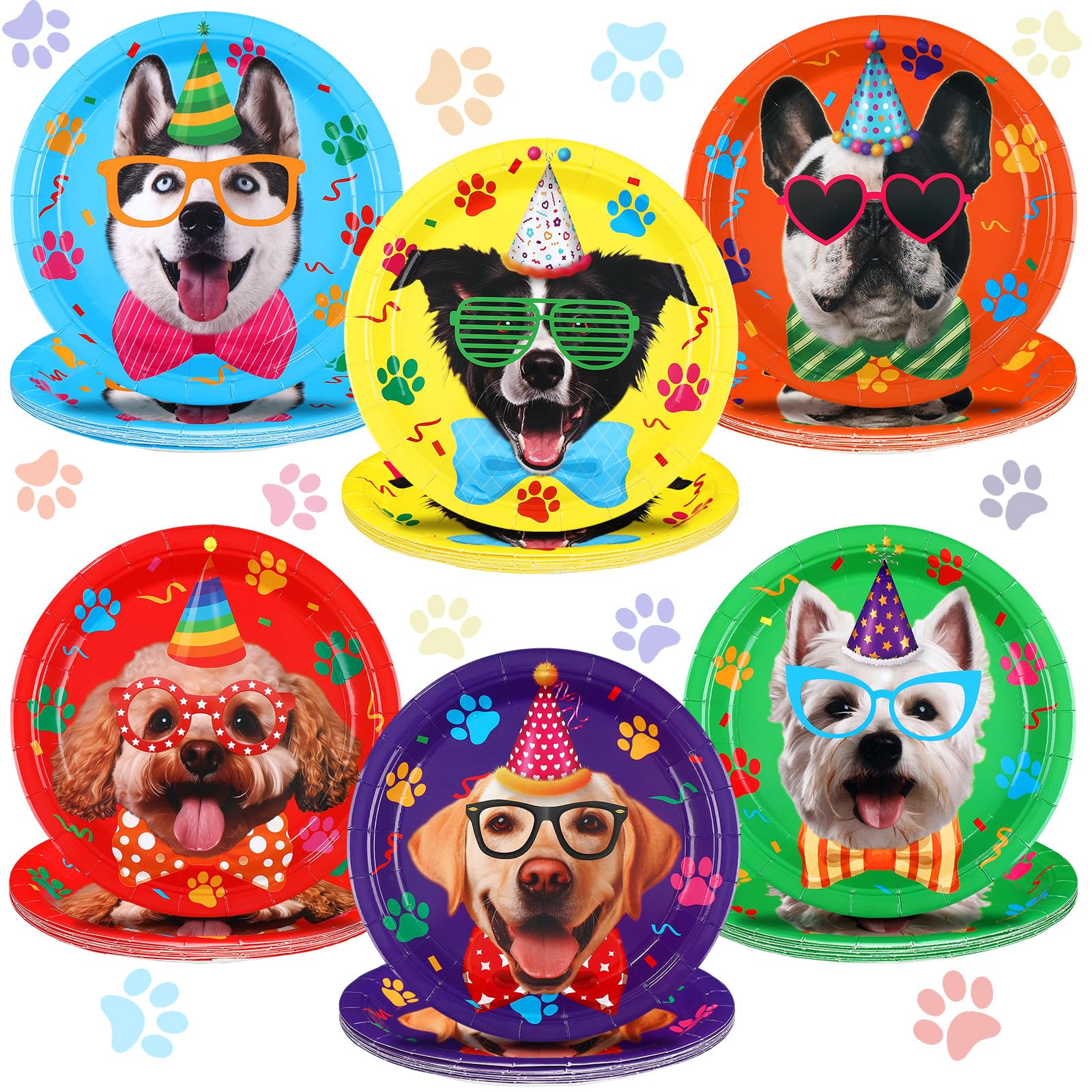FillTouch 60 Pcs 9 Inch Dog Birthday Party Plates Disposable Dog Theme Decoration Plates Set Tableware for Kids Birthday Party Supplies Dessert Favors
