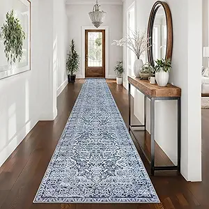 KUTA Vintage Washable Runner Rug 2.6x16, Non-Slip 16ft Extra Long Hallway Kitchen Rugs Blue White, Ultra Soft Printed Distressed Classic Floral Stair Runners Indoor for Bedroom Nursery