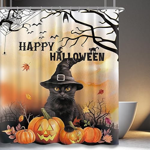 Miniatura 3 de Cortina de ducha divertida de calabaza con gato de Halloween para baño, vacaciones, araña, divertida decoración de bañera