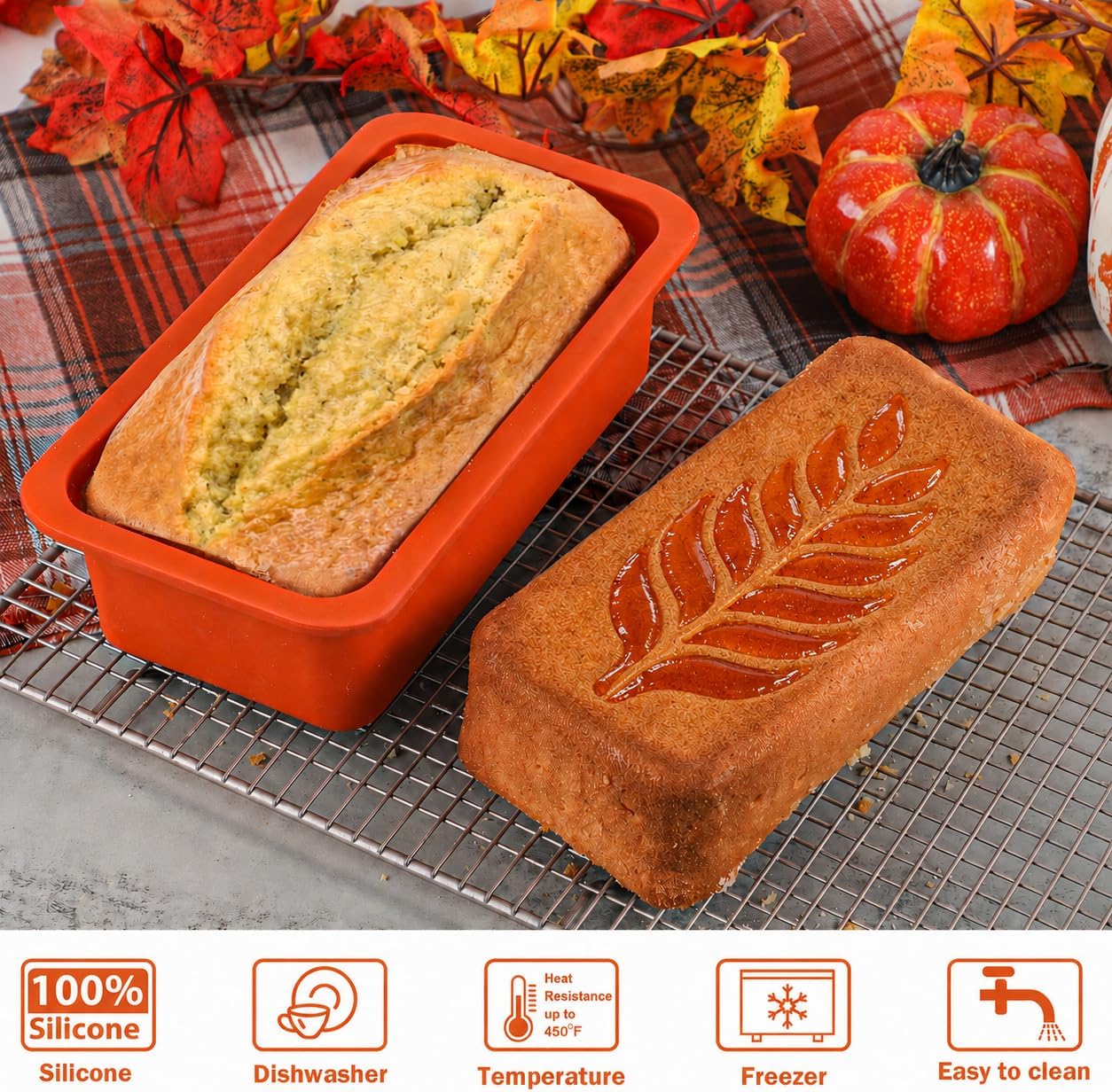 Webake 2 Pack Fall Loaf Pan with Steel-Reinforced Frame, 8.5 x 4 Inch Nonstick Silicone Bread Pan, Harvest Wheat Design for Thanksgiving Baking